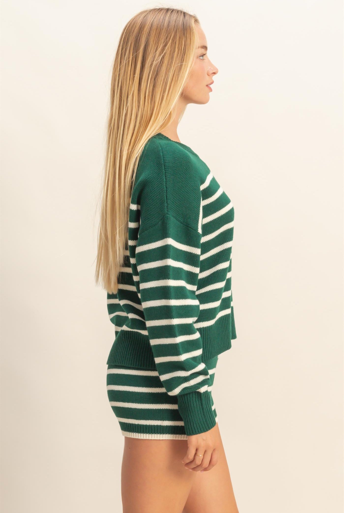 Wholesale Striped Knit Sweater And Shorts Set Clothing DZ25E141-SET DARK GREEN/CREAM DOUBLE ZERO