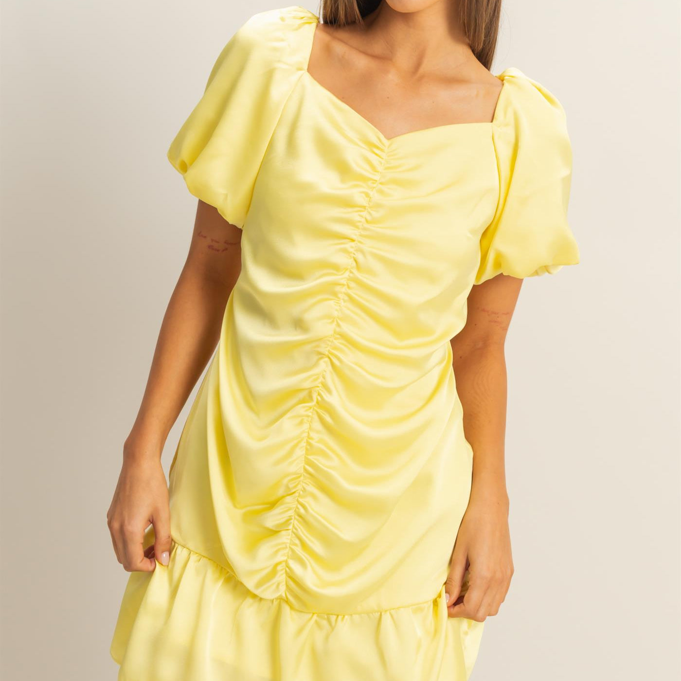 Wholesale Ruched Mini Dress Dresses HF22C741 LIME YELLOW HYFVE