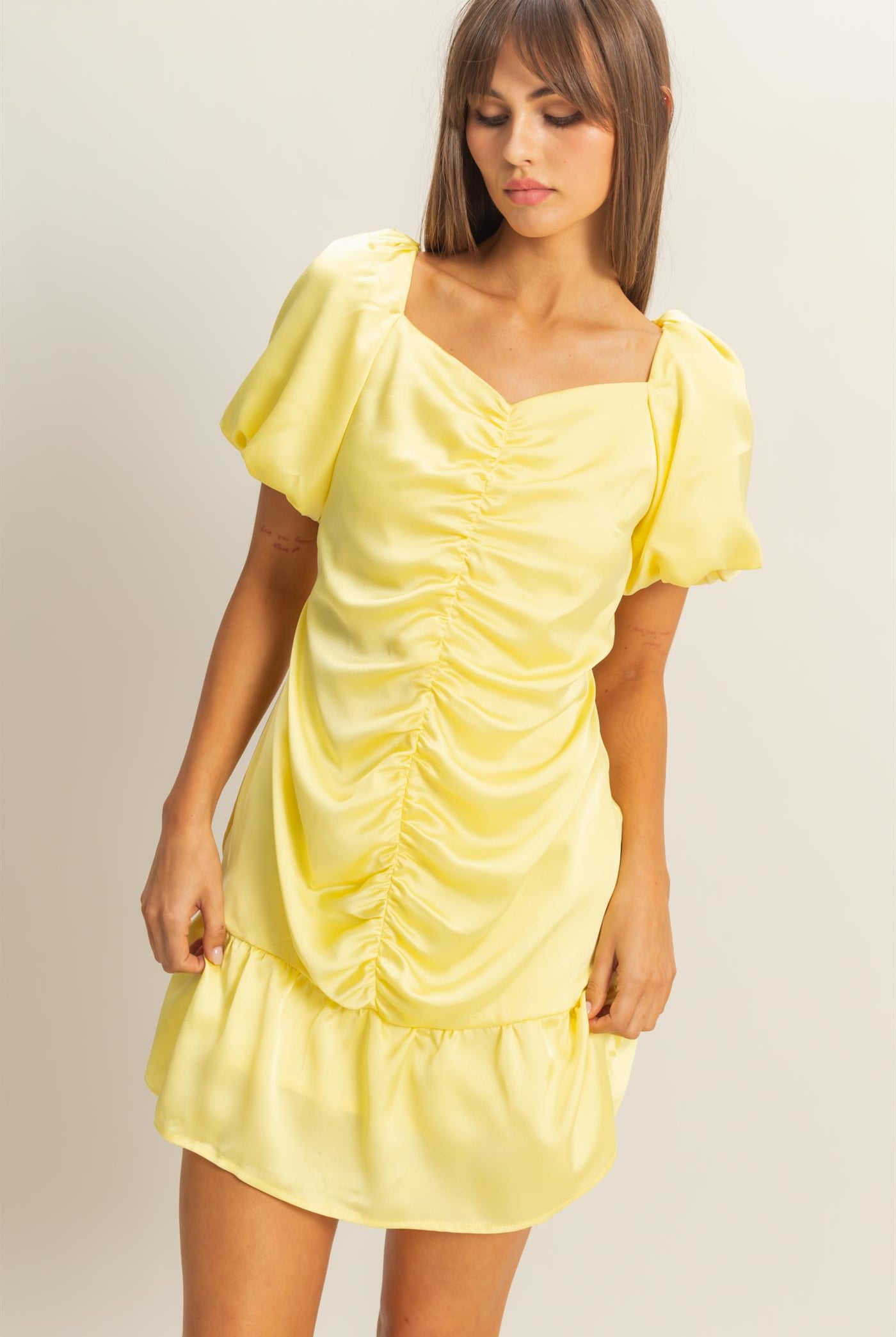 Wholesale Ruched Mini Dress Dresses HF22C741 LIME YELLOW HYFVE