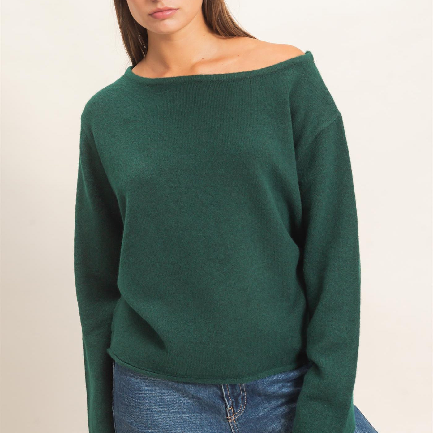 Wholesale Off The Shoulder Sweater Sweaters DZ26E652 DARK GREEN DOUBLE ZERO