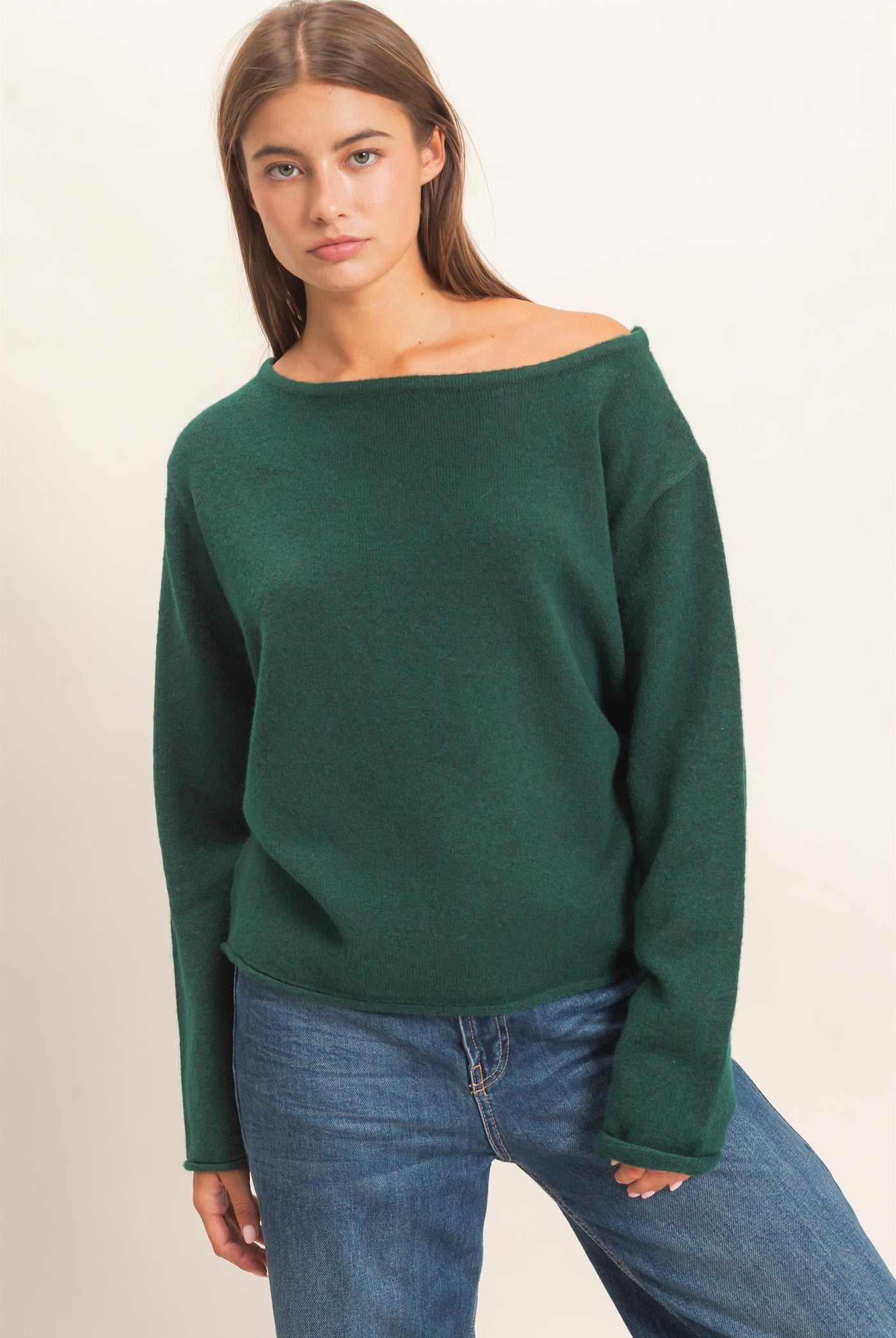 Wholesale Off The Shoulder Sweater Sweaters DZ26E652 DARK GREEN DOUBLE ZERO
