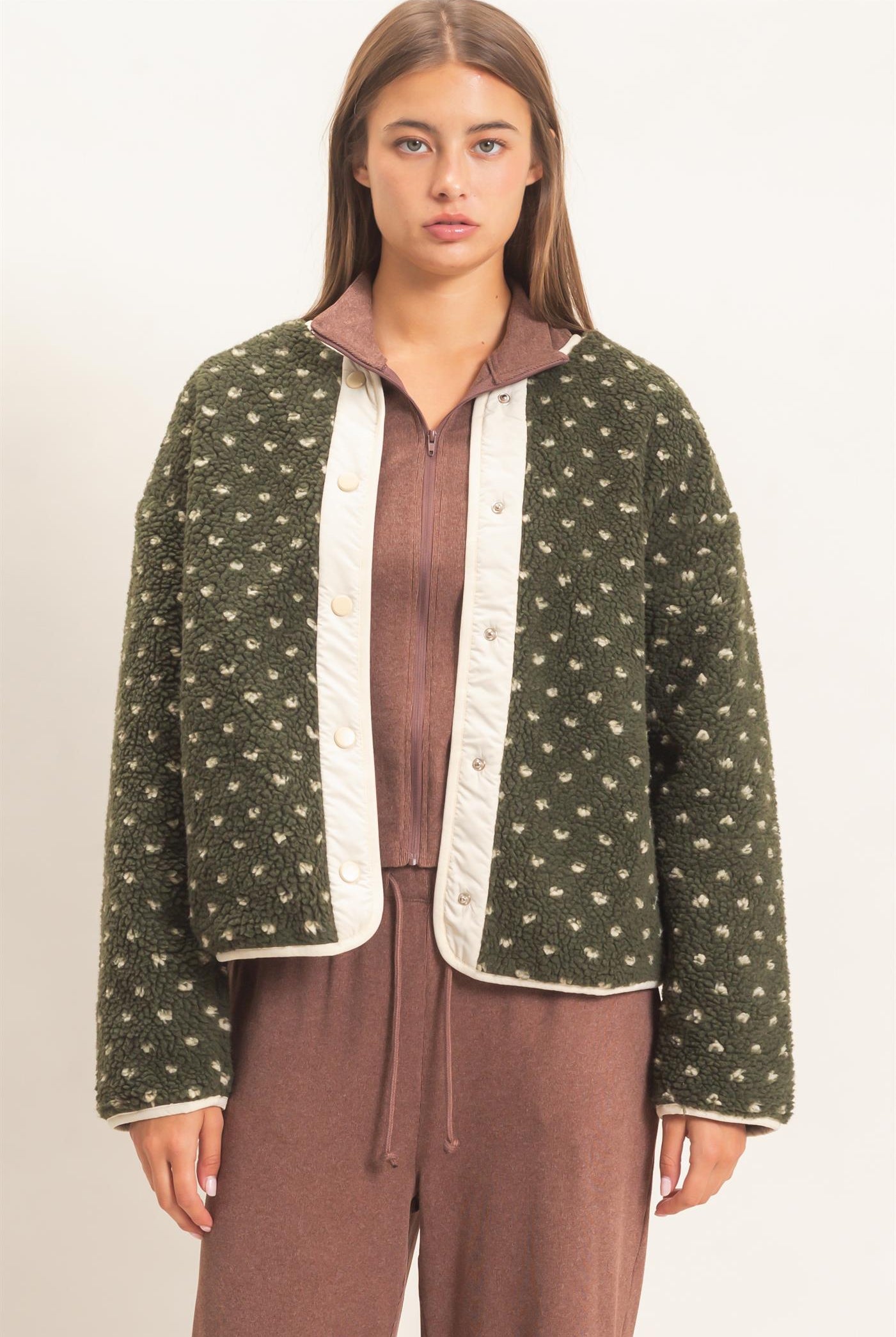 Wholesale Polka Dot Sherpa Jacket Coats & Jackets DZ26F160 DARK OLIVE DOUBLE ZERO