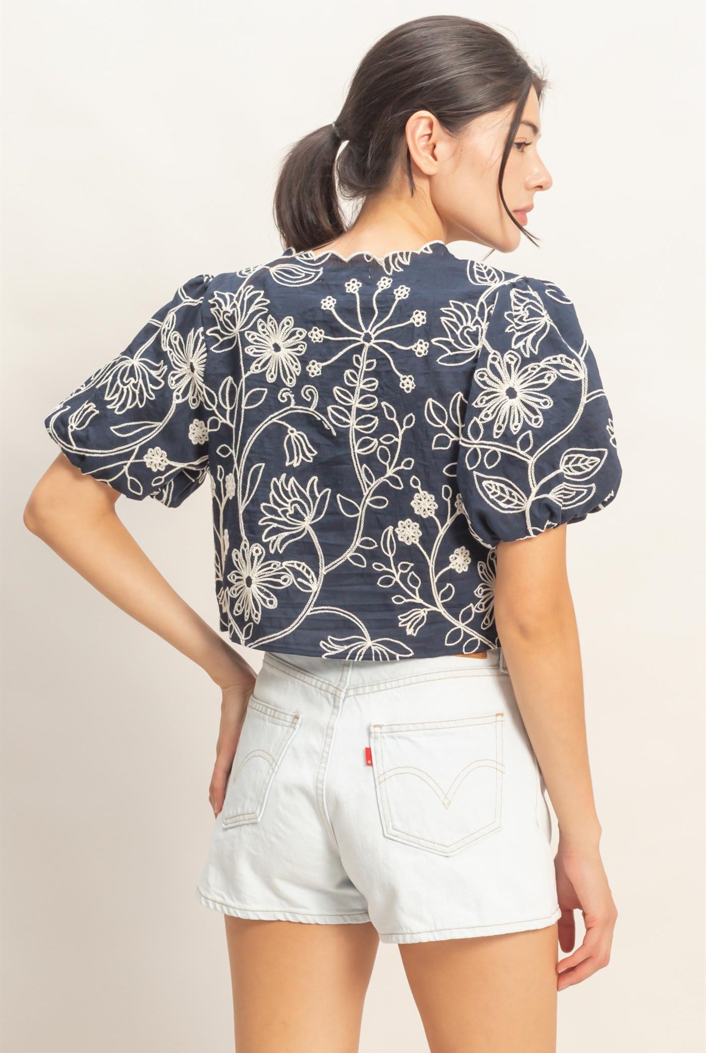 Wholesale Floral Embroidered Tie-Front Top Blouses HF26C556-D NAVY HYFVE