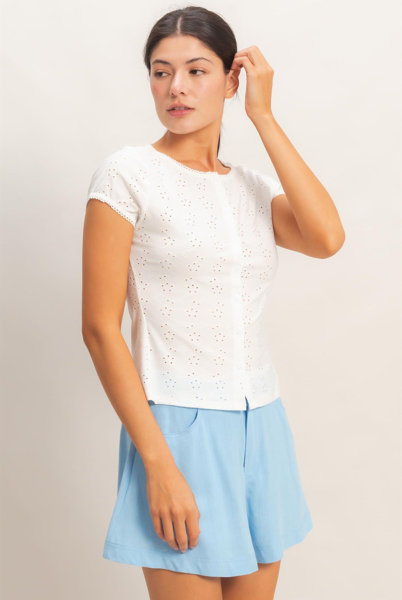 Wholesale Eyelet Button Front Knit Top Clothing Tops HF26C094 OFF WHITE HYFVE