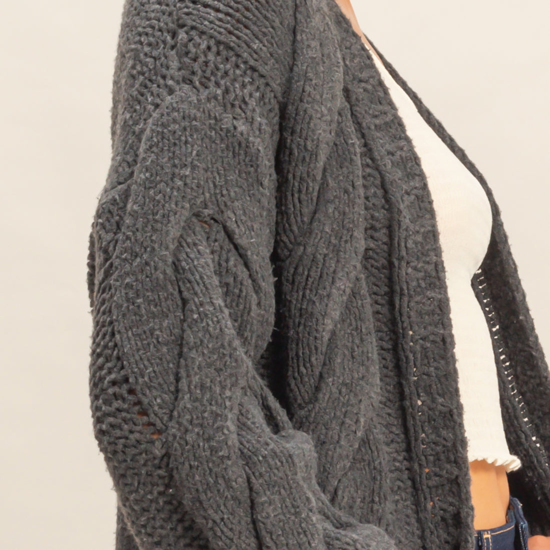 Wholesale Oversized Cable Knit Open Front Cardigan Sweater Cardigans DZ25F072 CHARCOAL DOUBLE ZERO