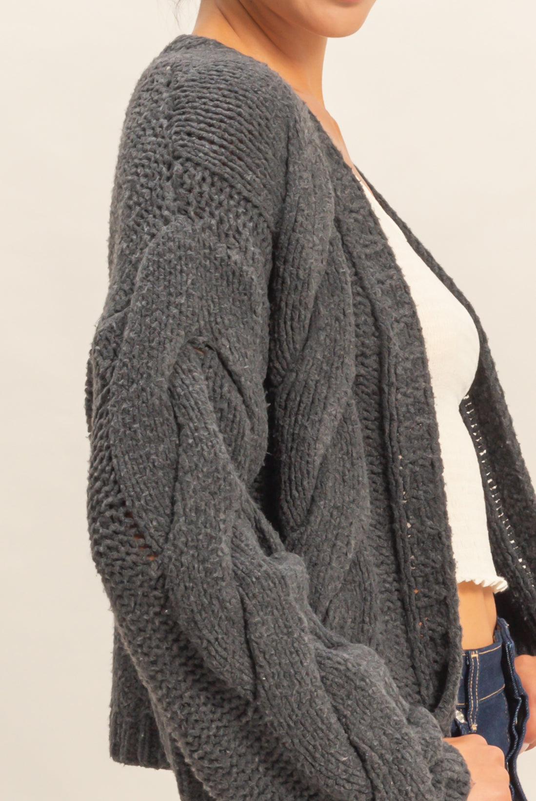 Wholesale Oversized Cable Knit Open Front Cardigan Sweater Cardigans DZ25F072 CHARCOAL DOUBLE ZERO