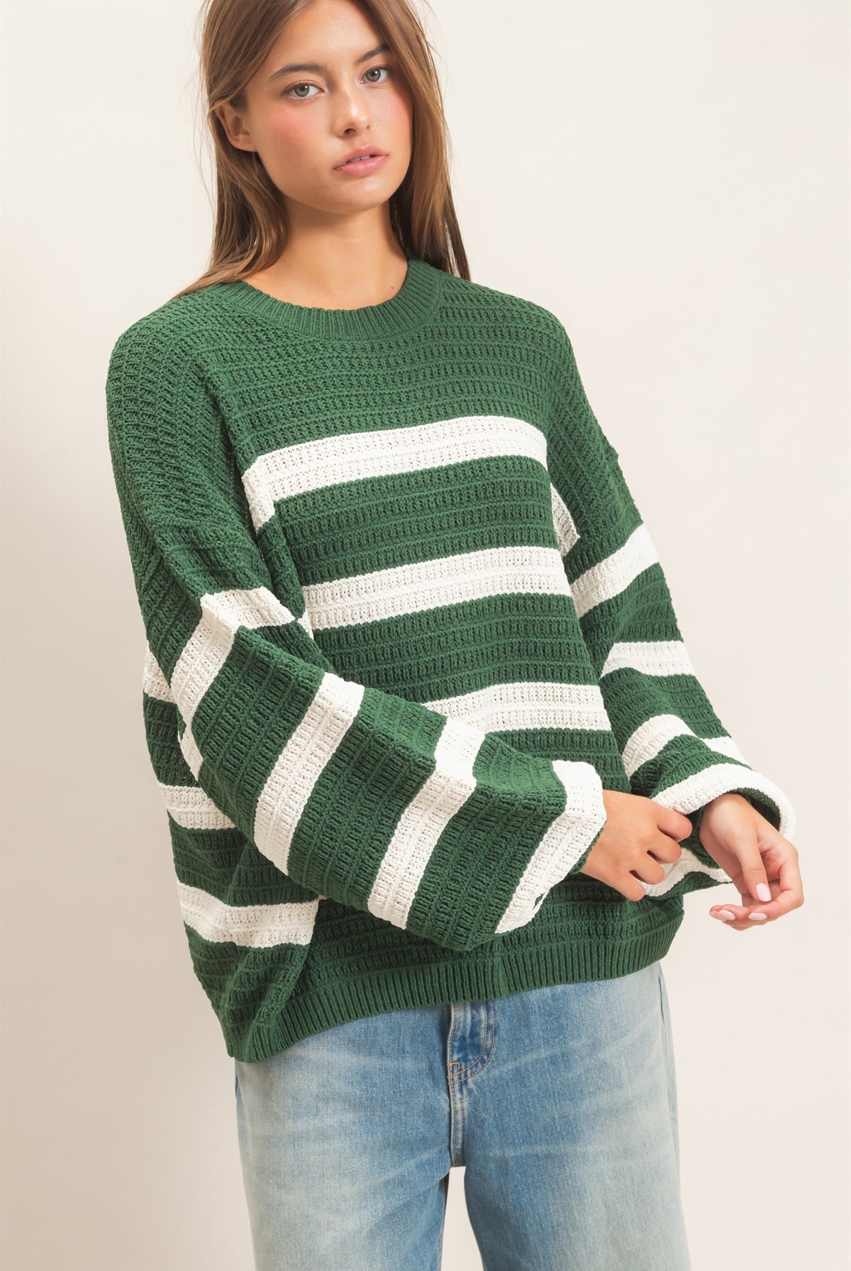 Wholesale Striped Oversized Sweater Sweaters DZ27A192 DARK GREEN DOUBLE ZERO