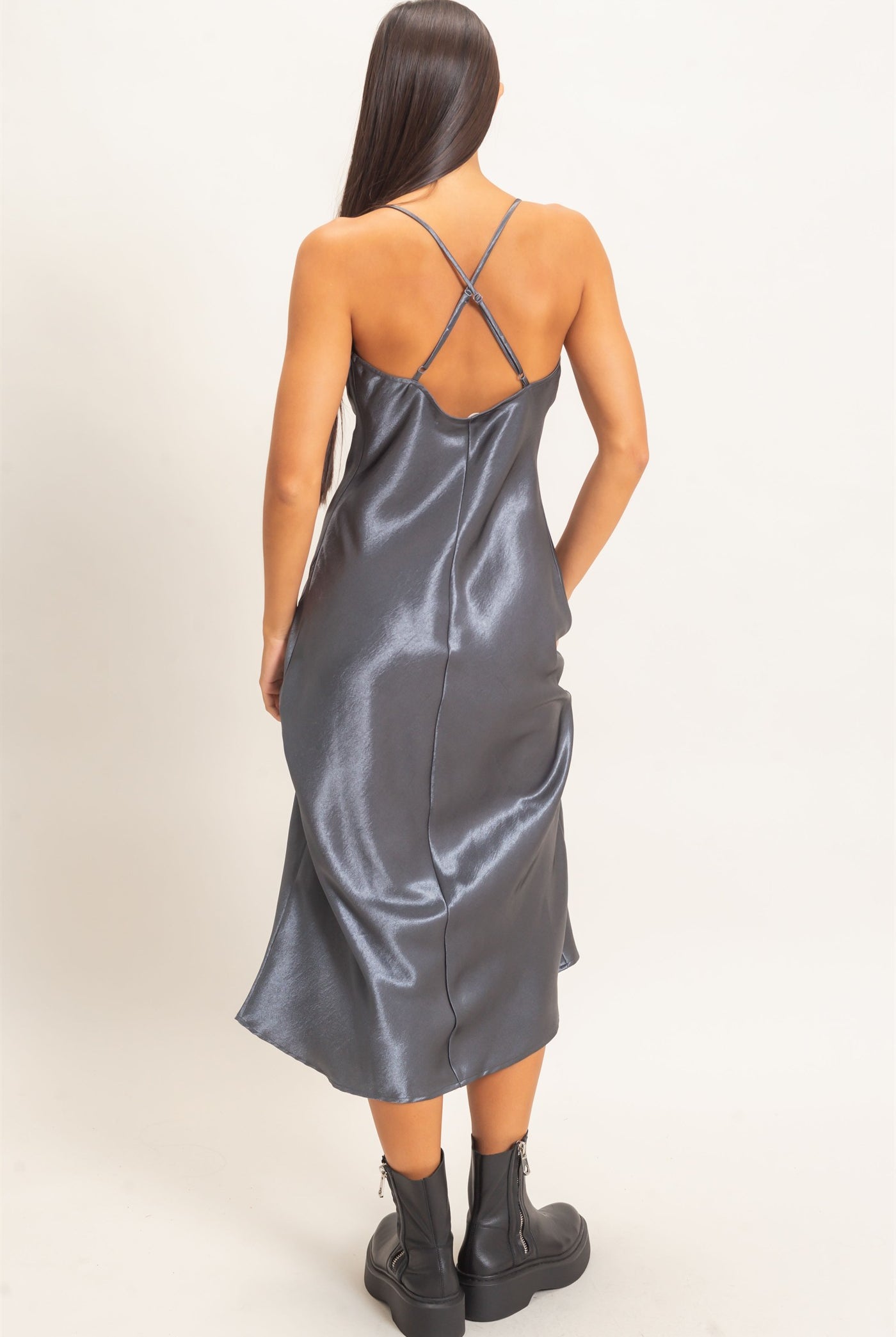 Wholesale Cowl Neck Satin Slip Dress Dresses DZ26E251 DARK GRAY DOUBLE ZERO
