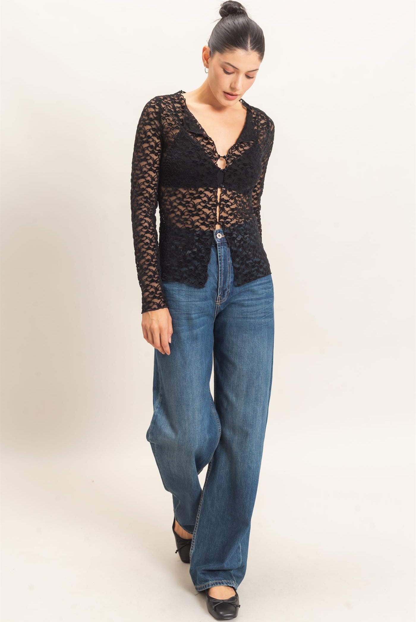 Wholesale Flocked Lace Long Sleeve Cardigan Clothing Tops HF26E415 BLACK HYFVE