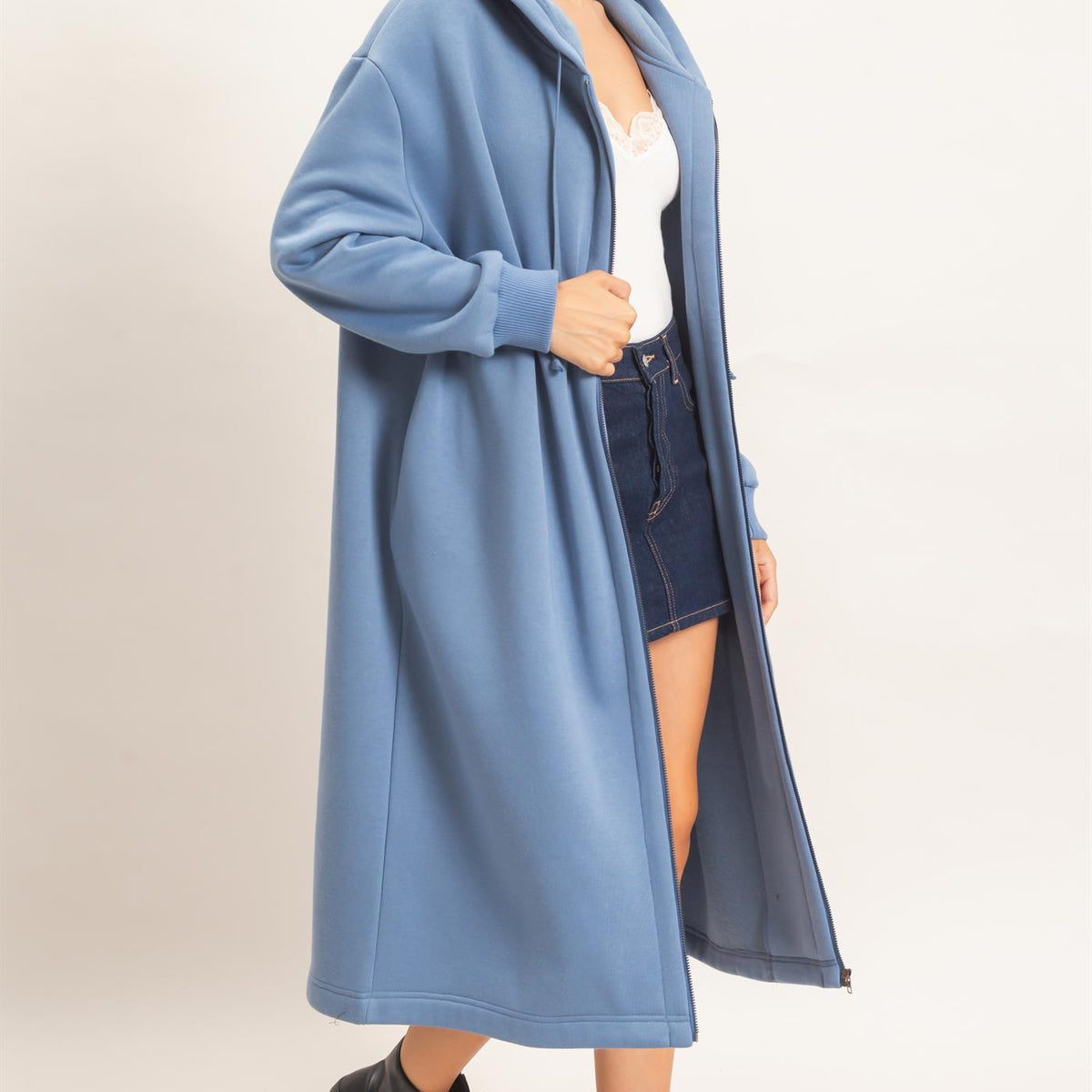 Wholesale Oversized Longline Zip-Up Hoodie Jacket Outerwear HF26E650 DENIM BLUE HYFVE
