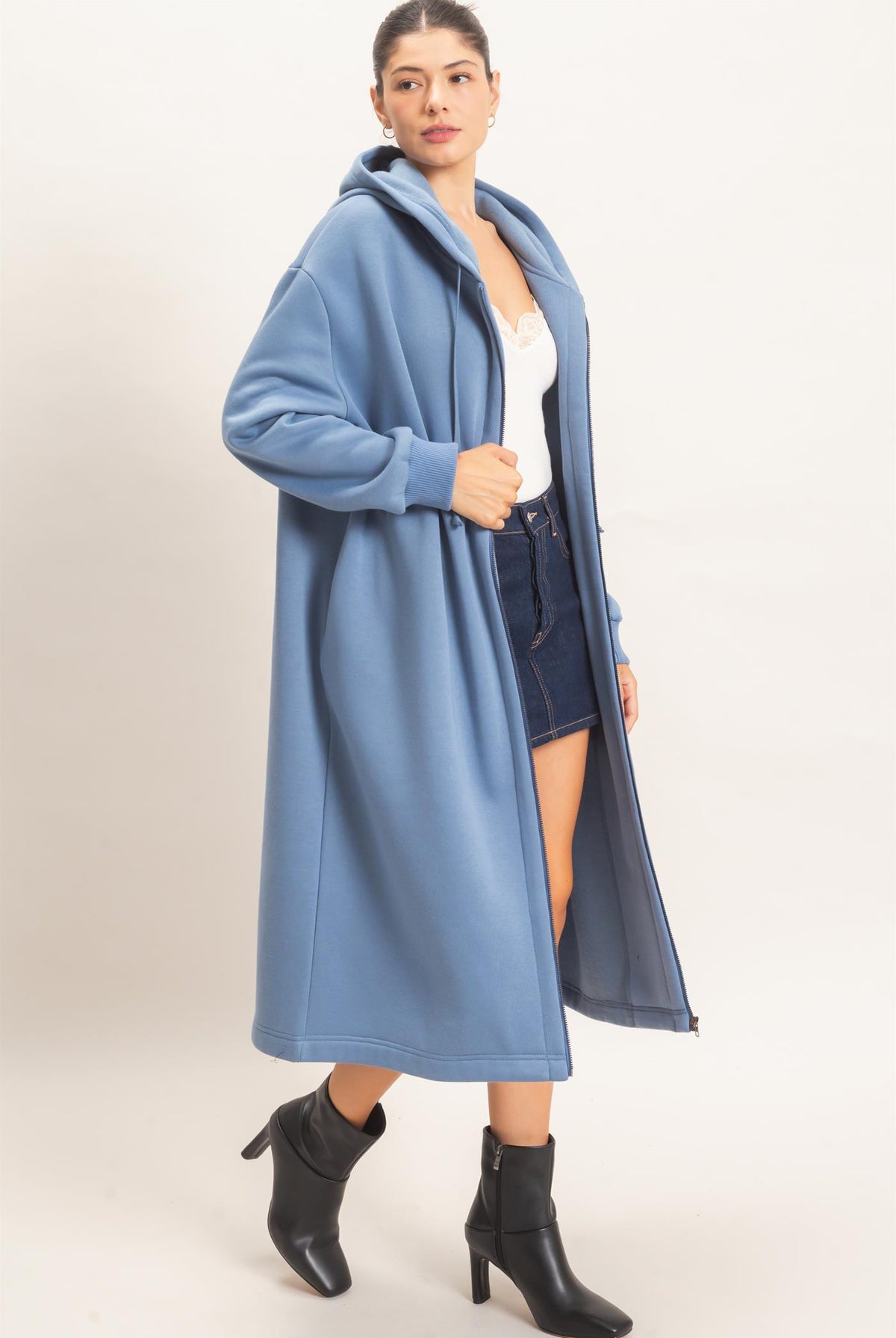 Wholesale Oversized Longline Zip-Up Hoodie Jacket Outerwear HF26E650 DENIM BLUE HYFVE
