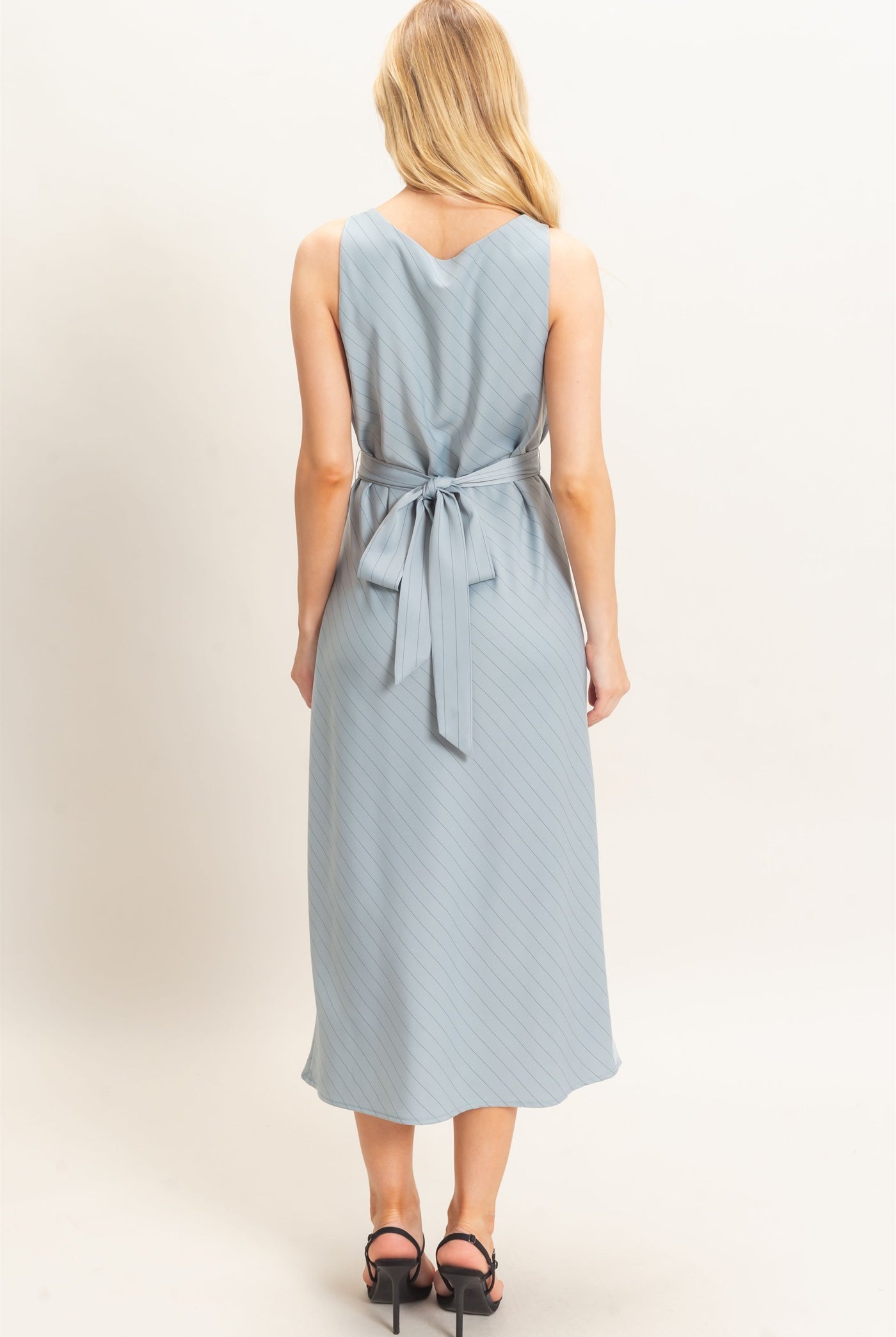 Wholesale Cowl Neck Sleeveless Belted Dress Dresses HF25E739 DUSTY BLUE HYFVE