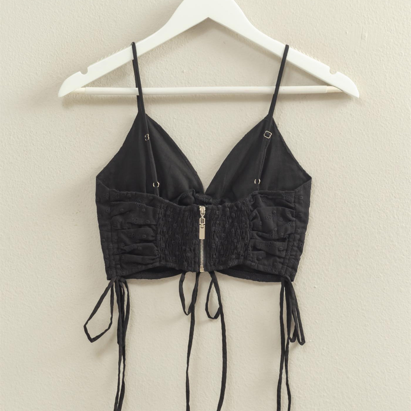 Wholesale Drawstring Detail Crop Cami Top Clothing Tops HF22C088 BLACK HYFVE
