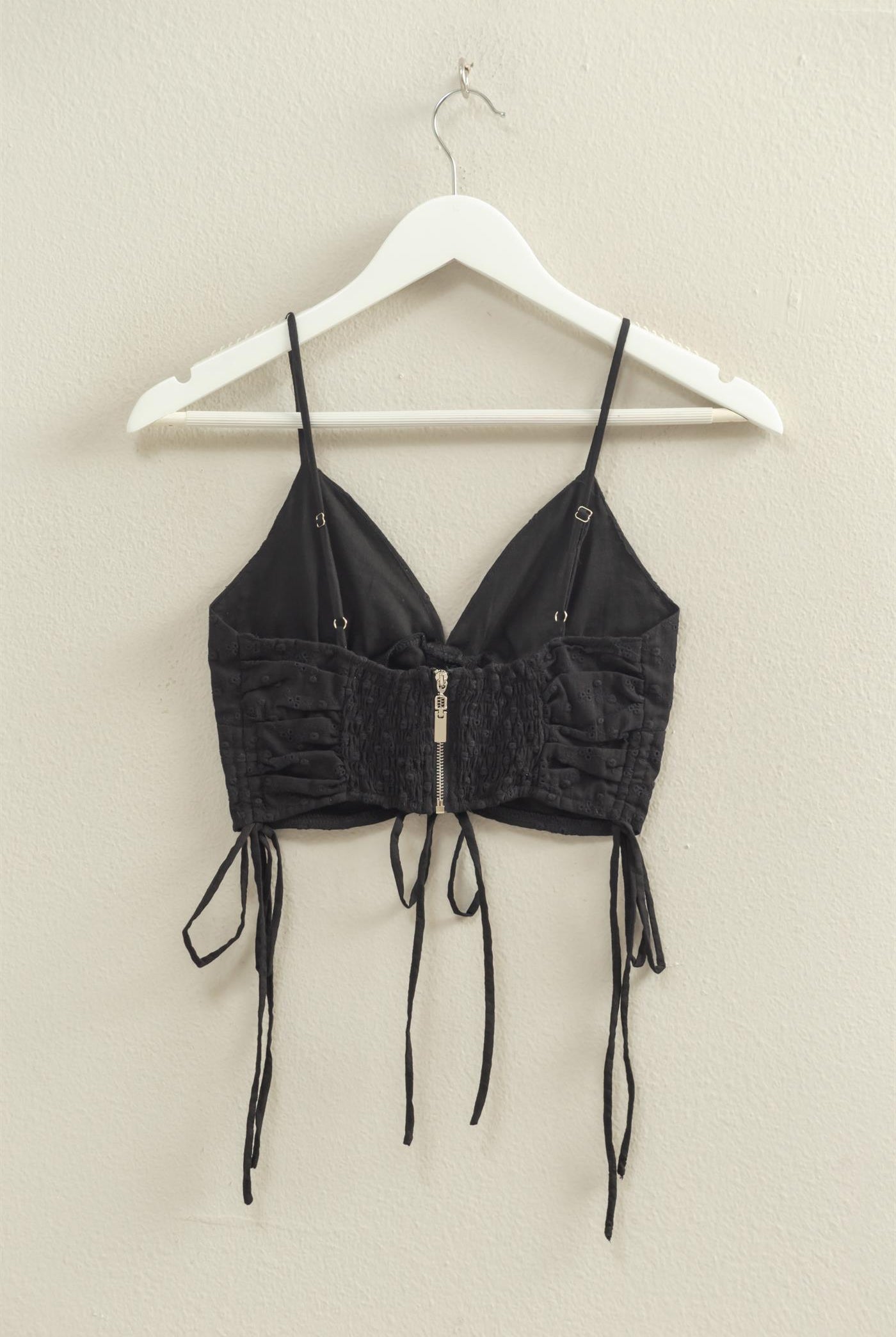 Wholesale Drawstring Detail Crop Cami Top Clothing Tops HF22C088 BLACK HYFVE