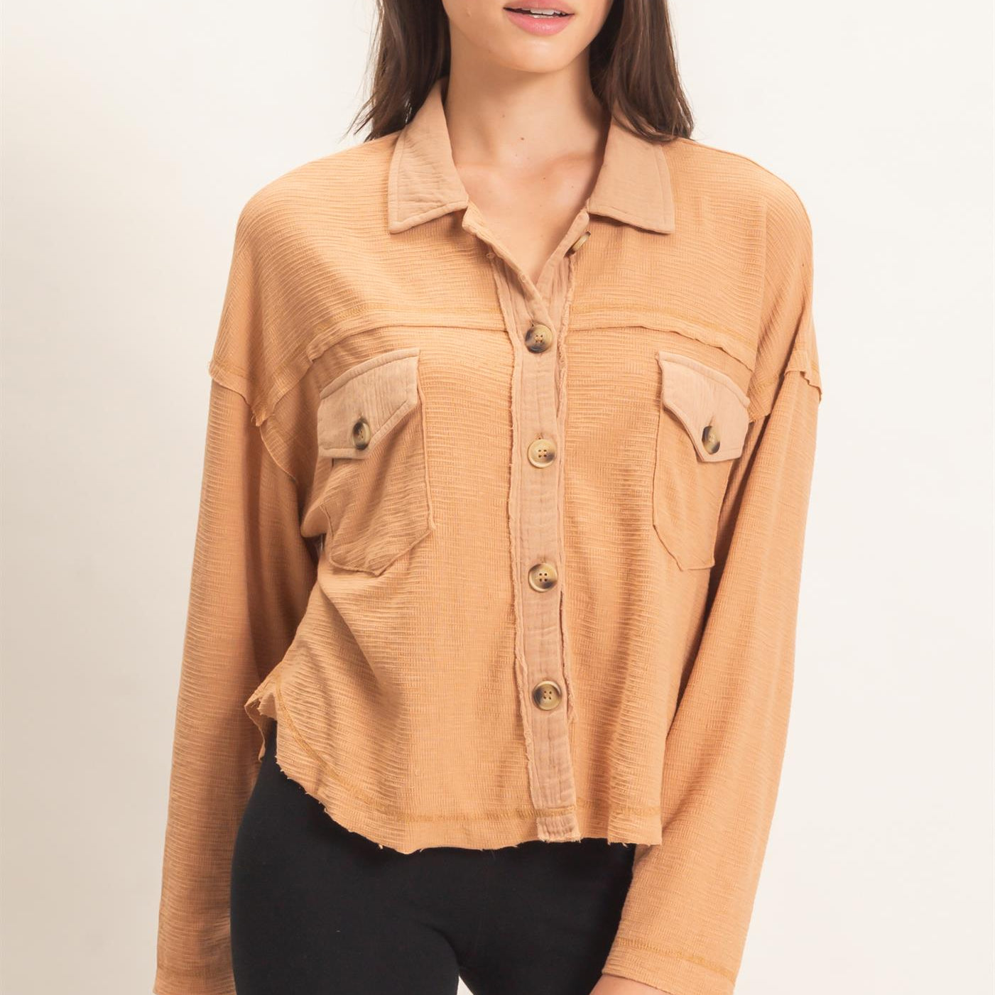 Wholesale Textured Button-Up Shirt Clothing Tops HF26C878 LIGHT BROWN HYFVE