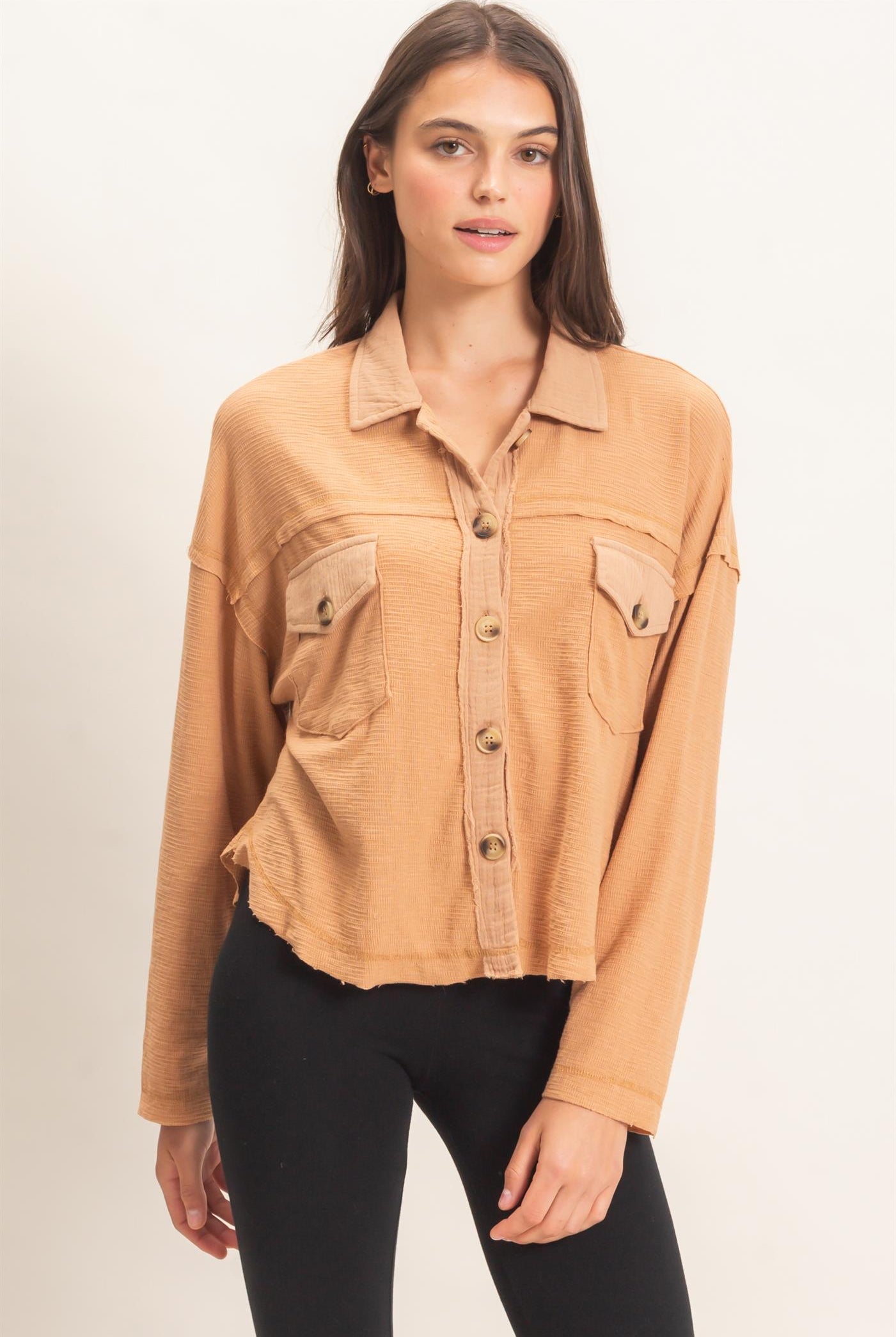 Wholesale Textured Button-Up Shirt Clothing Tops HF26C878 LIGHT BROWN HYFVE