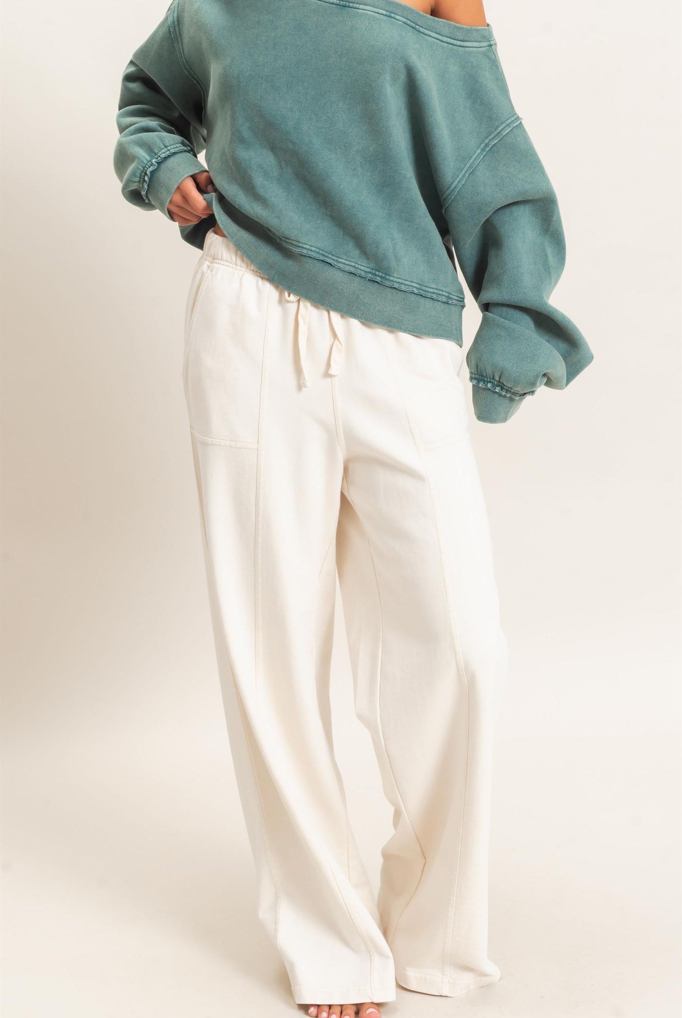 Wholesale Acid Wash Drawstring Waist Wide Leg Pants Pants DZ25A685 ALPACA DOUBLE ZERO