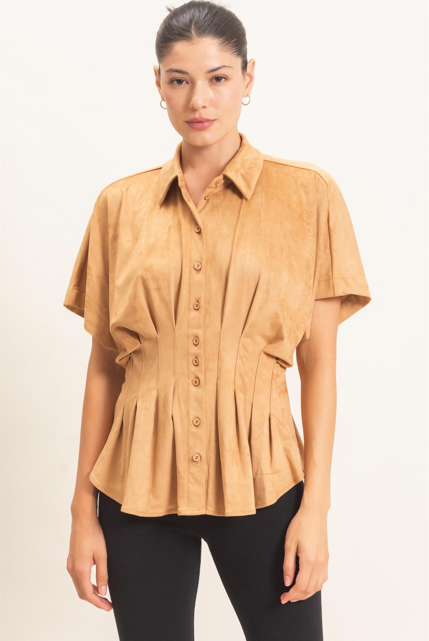 Wholesale Suede Button-Down Blouse Blouses HF26E651 CAMEL HYFVE