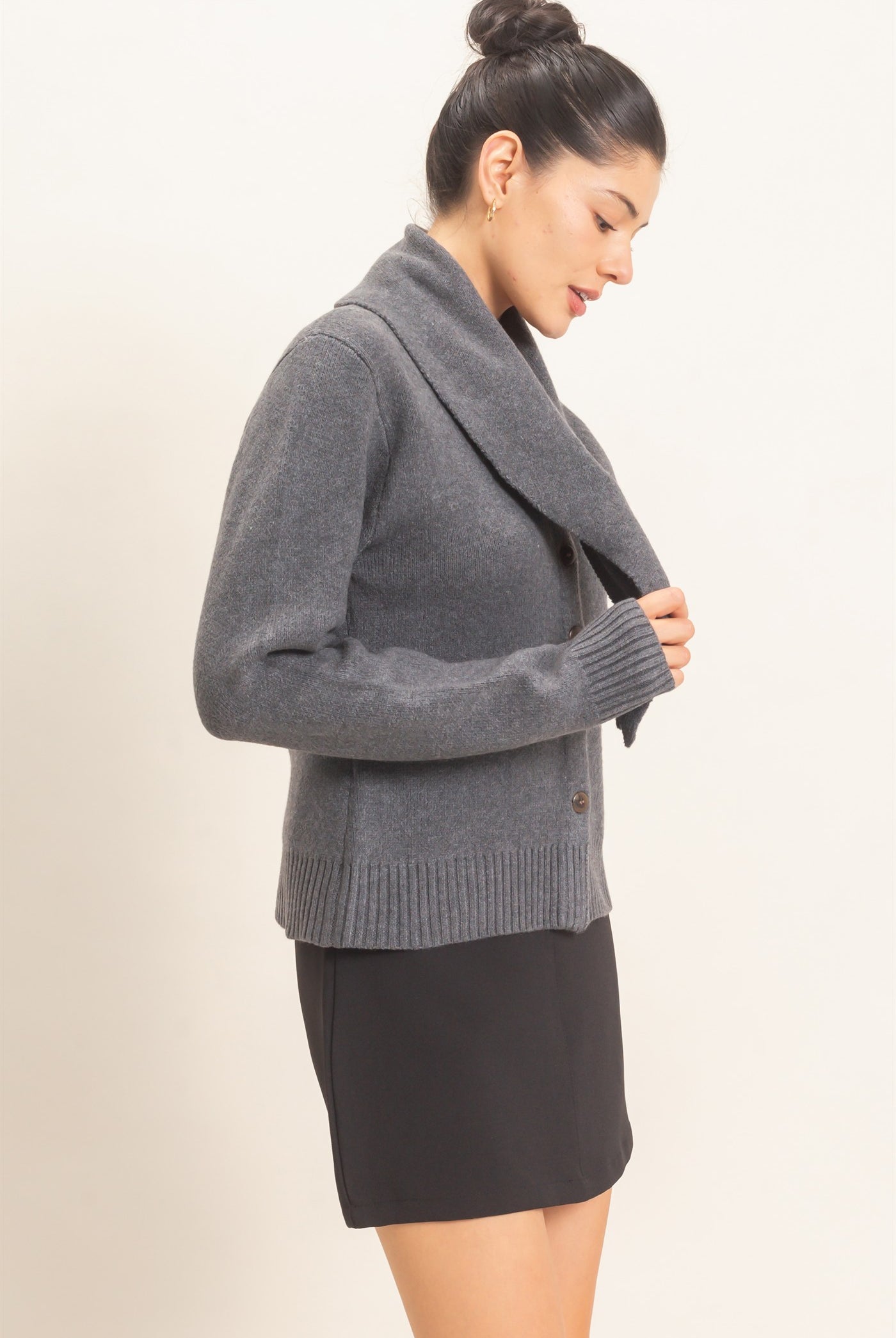 Wholesale Attached Scarf Button-Front Cardigan Cardigans HF26E870 CHARCOAL HYFVE
