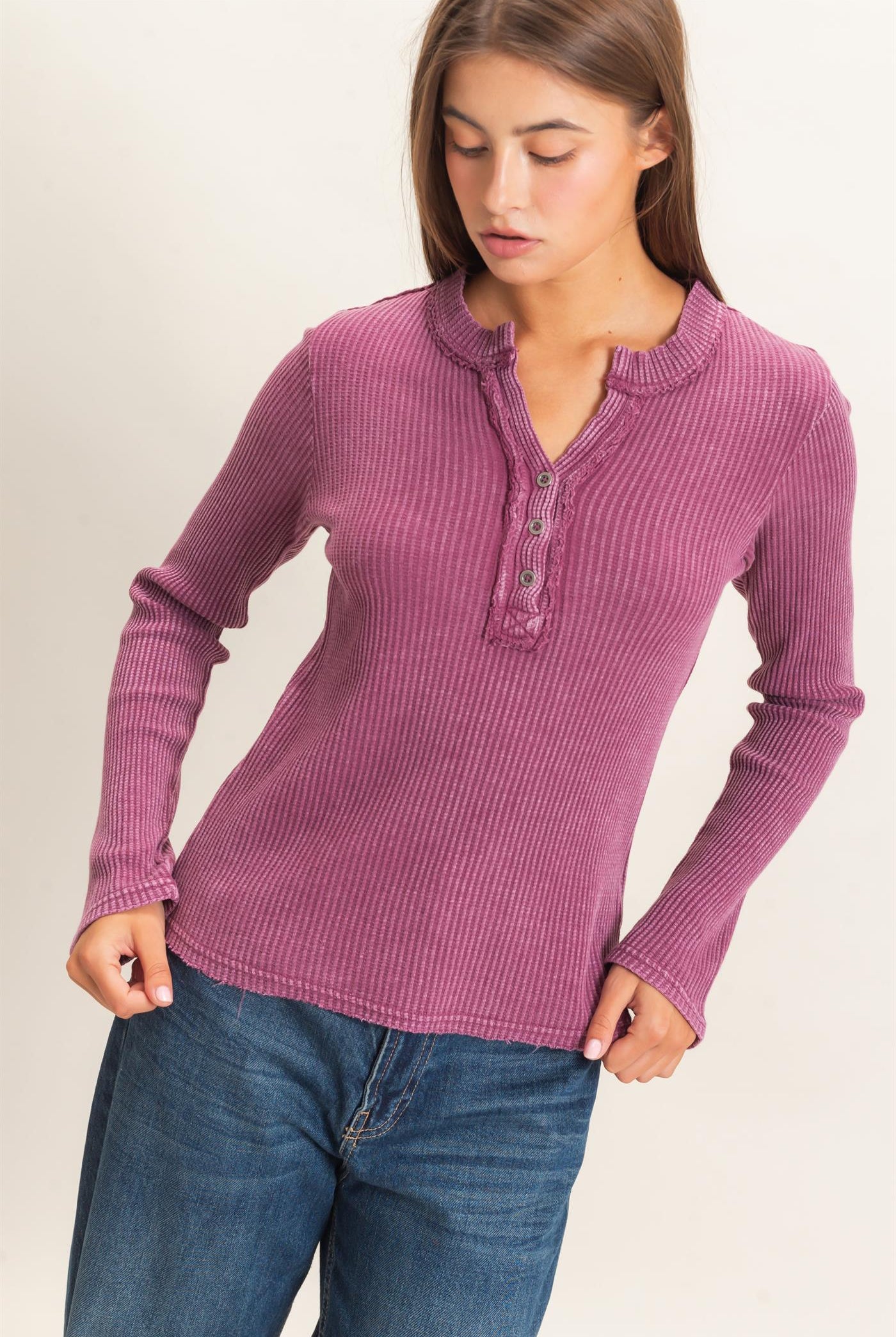 Wholesale Mineral Wash Waffle Henley Long Sleeve Top Clothing Tops DZ26E243 DARK CHERRY DOUBLE ZERO