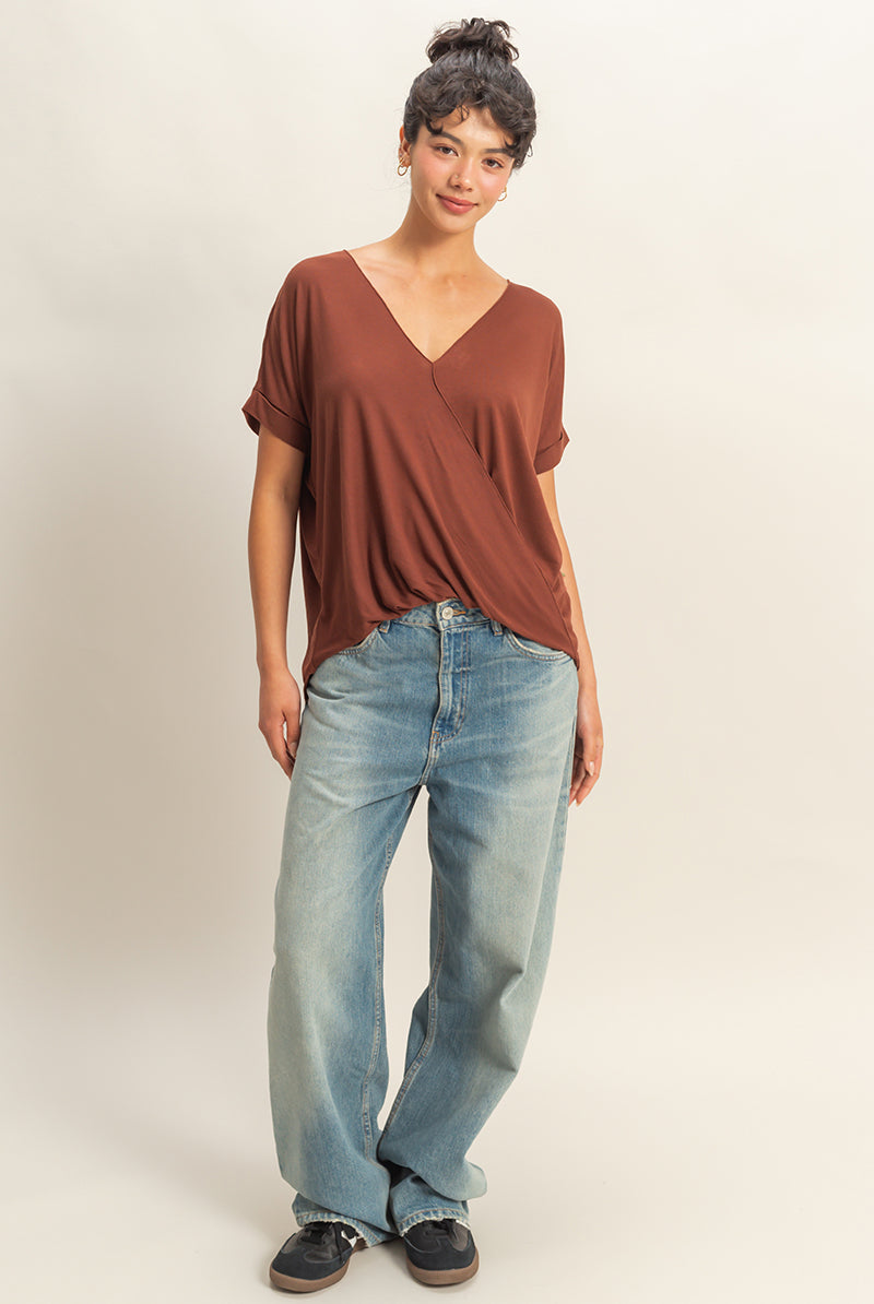 Wholesale V-Neck Oversized Top Clothing Tops DZ22A998 CHOCOLATE DOUBLE ZERO