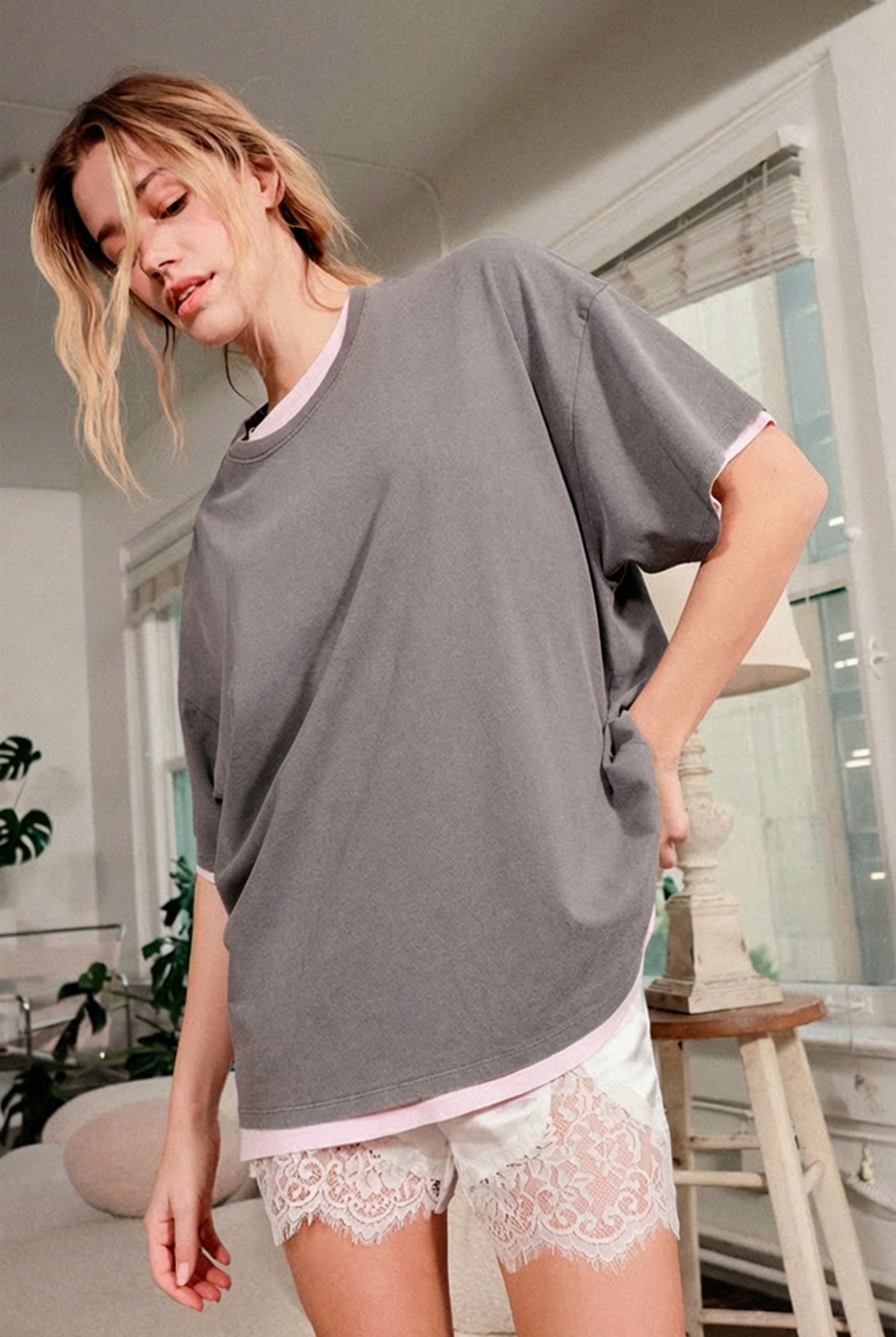 Wholesale Oversized Mineral Wash T-Shirt T-Shirts DZ26A031 CHARCOAL DOUBLE ZERO