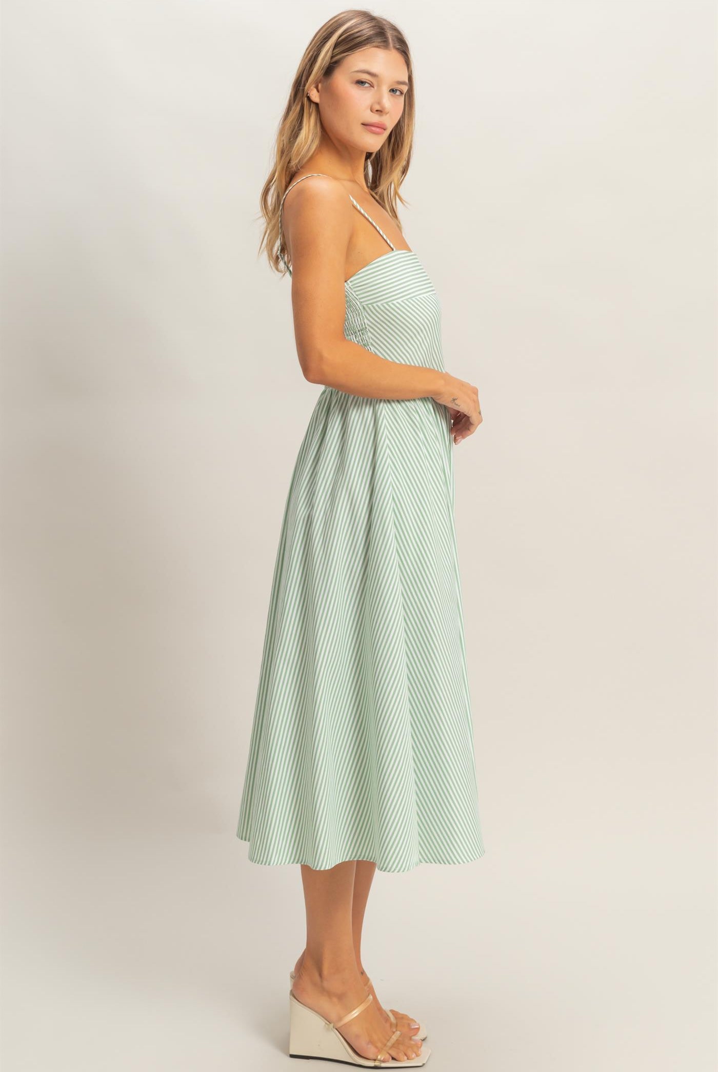 Wholesale Striped Spaghetti Strap Dress Dresses HF26A291-D SAGE GREEN HYFVE