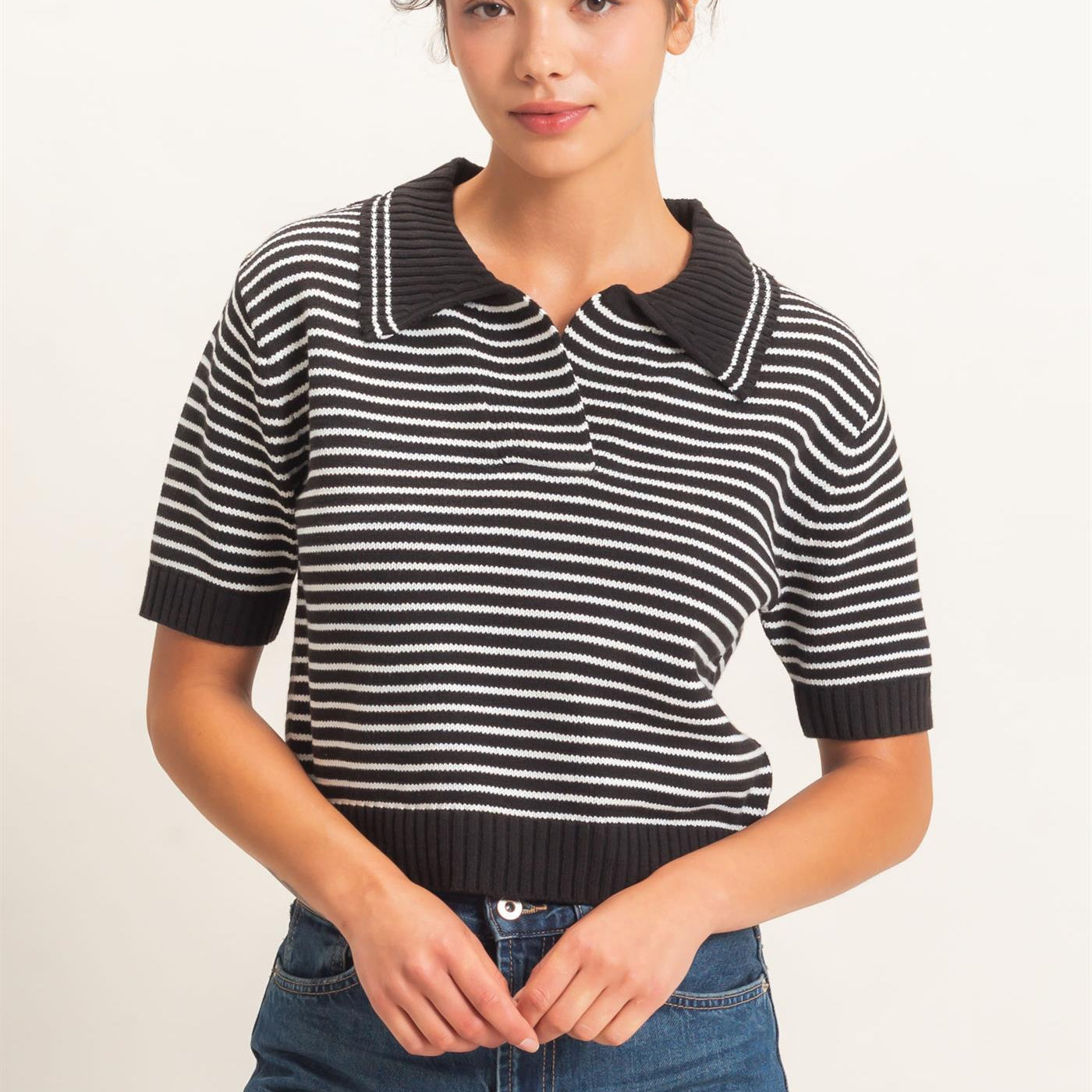 Wholesale Striped Short Sleeve Collar Knit Top Clothing Tops DZ26E261 BLACK DOUBLE ZERO