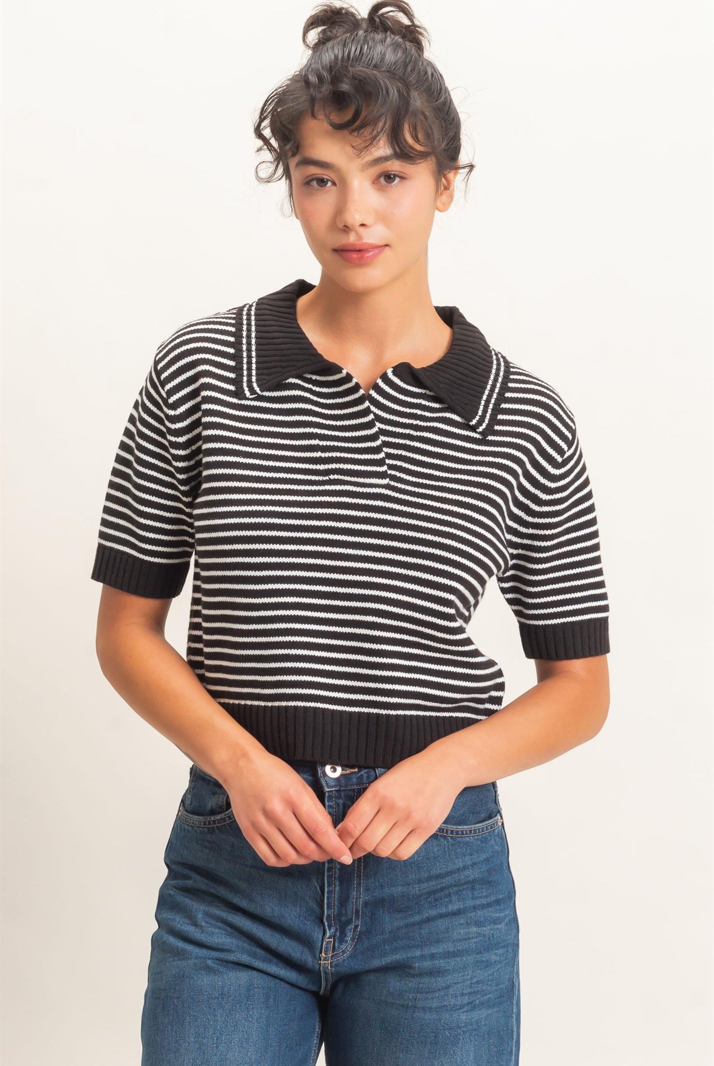 Wholesale Striped Short Sleeve Collar Knit Top Clothing Tops DZ26E261 BLACK DOUBLE ZERO