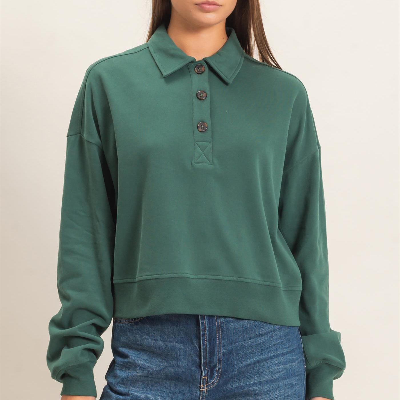 Wholesale Washed Button-Front Collared Sweatshirt Sweatshirts DZ26E390 DARK GREEN DOUBLE ZERO