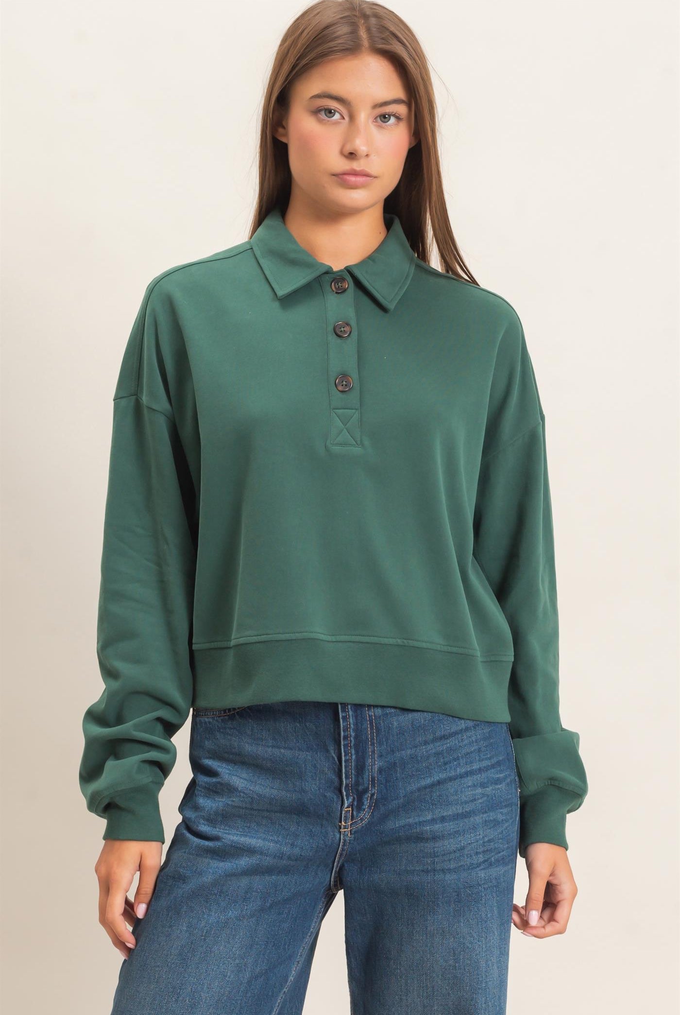 Wholesale Washed Button-Front Collared Sweatshirt Sweatshirts DZ26E390 DARK GREEN DOUBLE ZERO