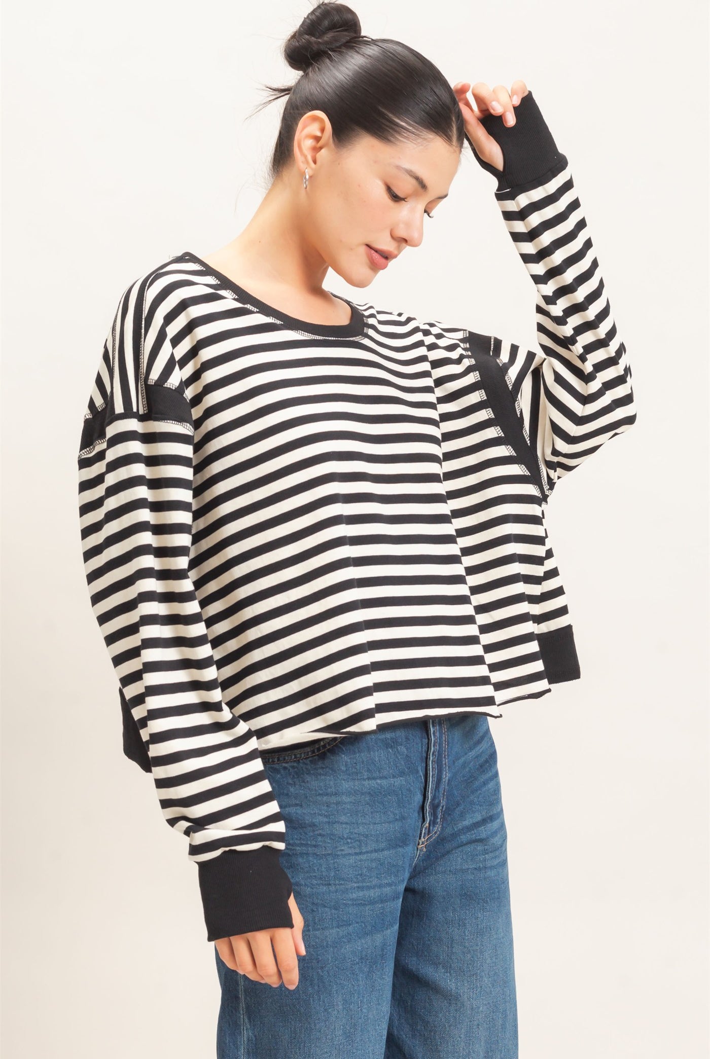 Wholesale Striped Long Sleeve Top Clothing Tops HF26C908-D BLACK HYFVE