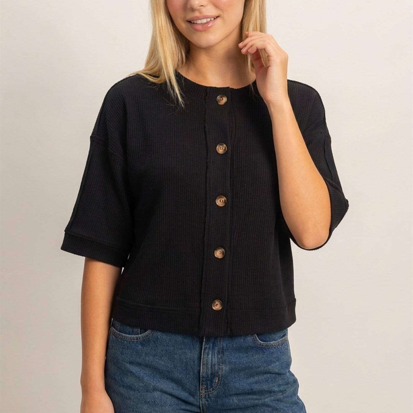 Wholesale Button-Down Short Sleeve Waffle Top Clothing Tops DZ26F244 BLACK DOUBLE ZERO
