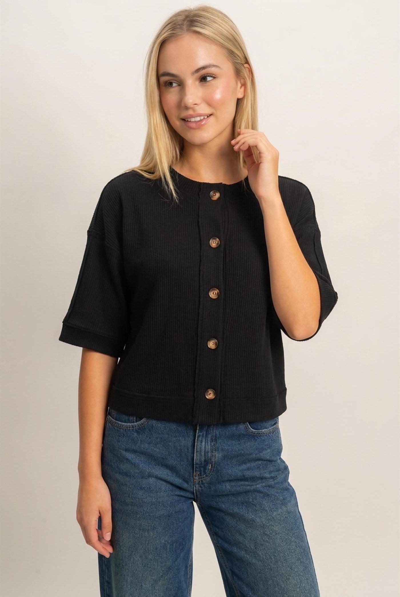 Wholesale Button-Down Short Sleeve Waffle Top Clothing Tops DZ26F244 BLACK DOUBLE ZERO