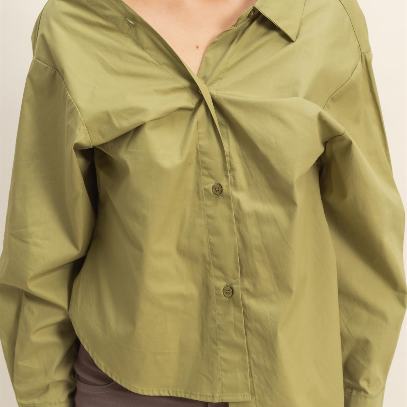 Wholesale Off-The-Shoulder Asymmetrcal Button-Up Shirt Clothing Tops HF22G139 OLIVE HYFVE
