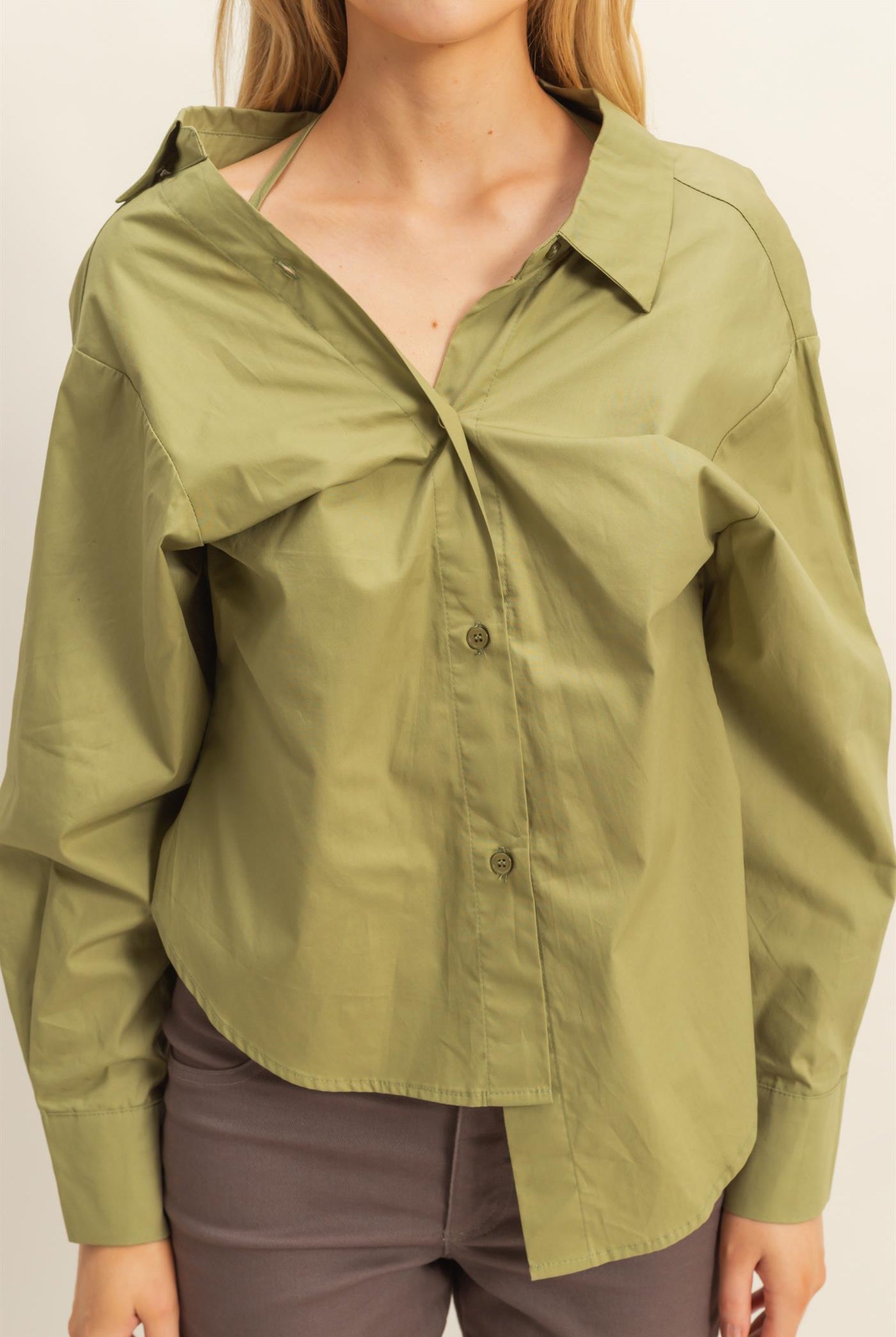 Wholesale Off-The-Shoulder Asymmetrcal Button-Up Shirt Clothing Tops HF22G139 OLIVE HYFVE