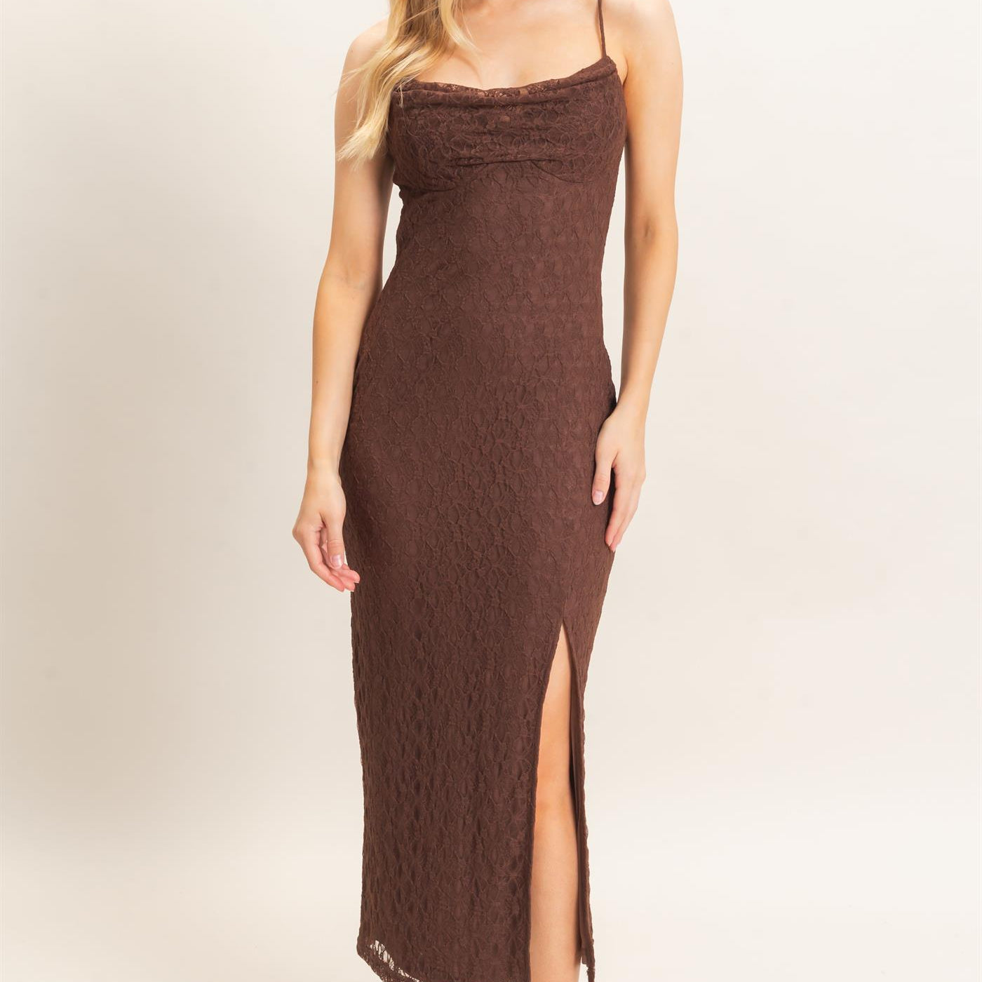 Wholesale Lace Midi Slip Dress Dresses HF26A879 CHOCOLATE HYFVE