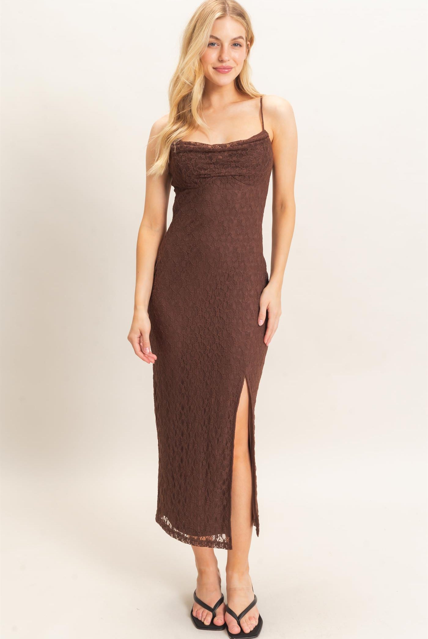 Wholesale Lace Midi Slip Dress Dresses HF26A879 CHOCOLATE HYFVE