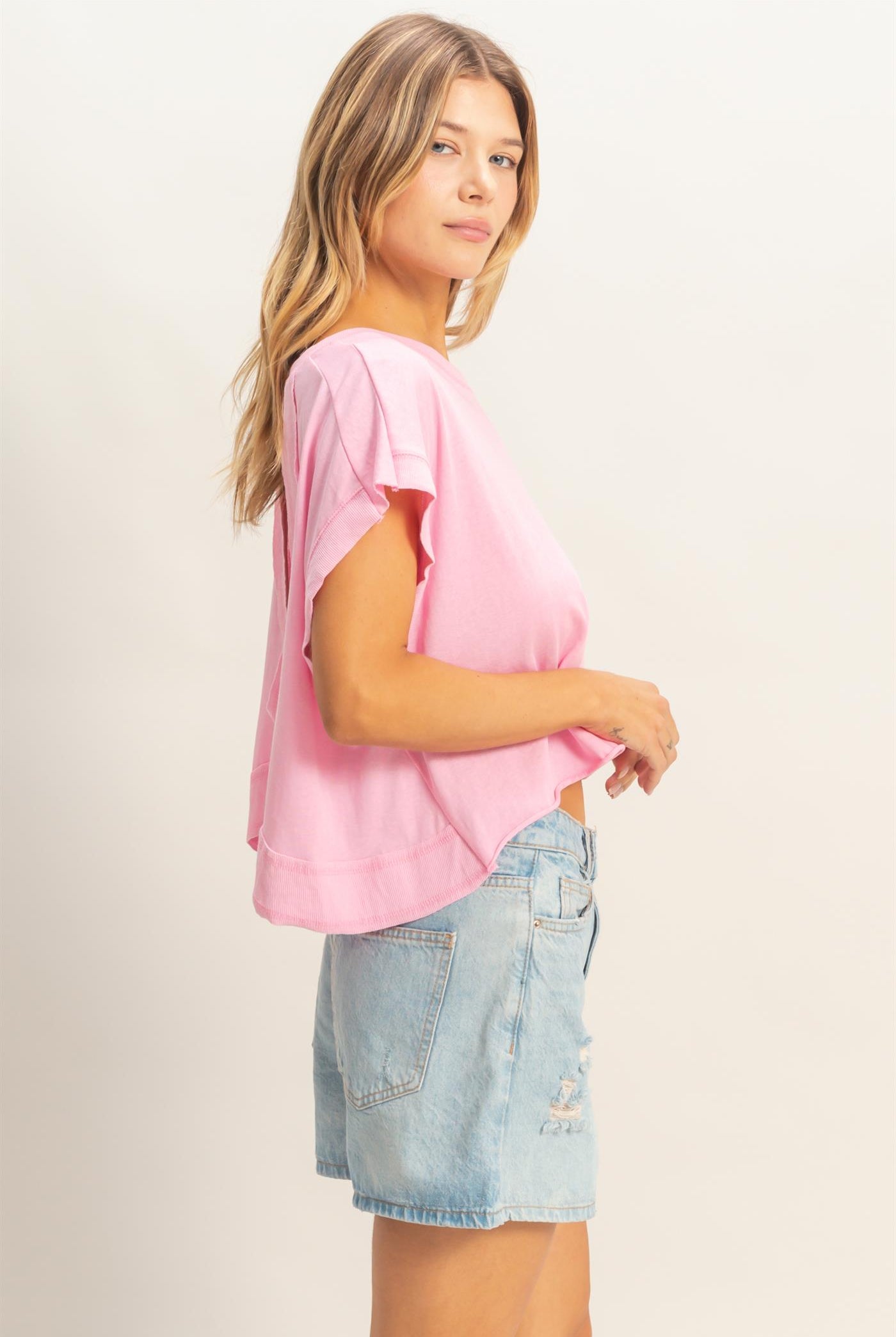 Wholesale Boxy Crew Neck Top T-Shirts HF26C288-D PINK HYFVE