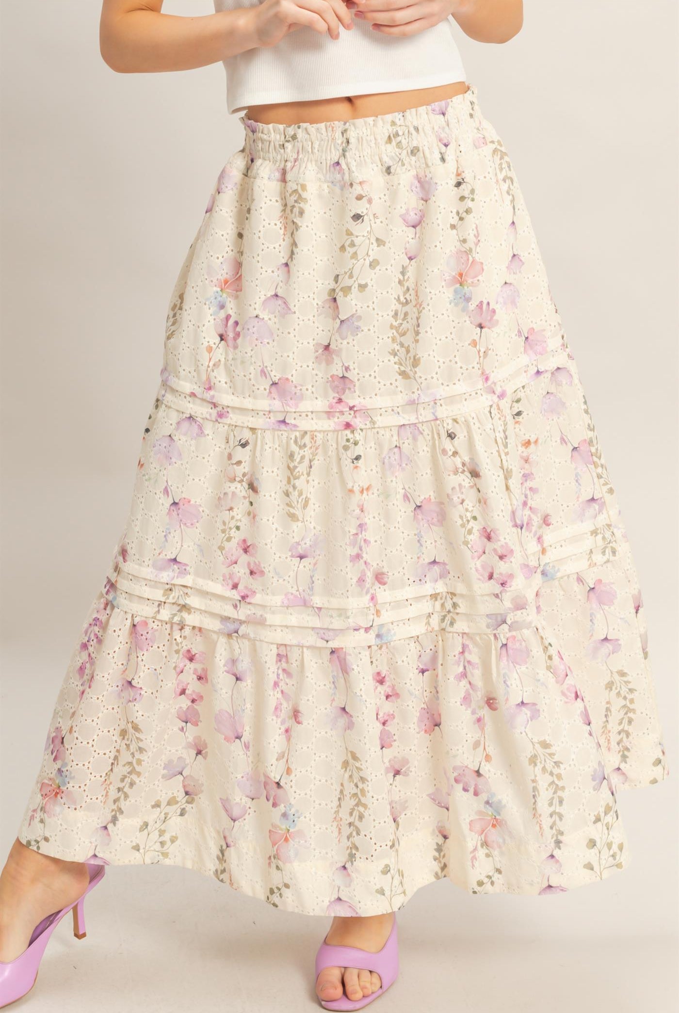 Wholesale Floral Smocked Waist Skirt Skirts HF26A361-D YELLOW HYFVE