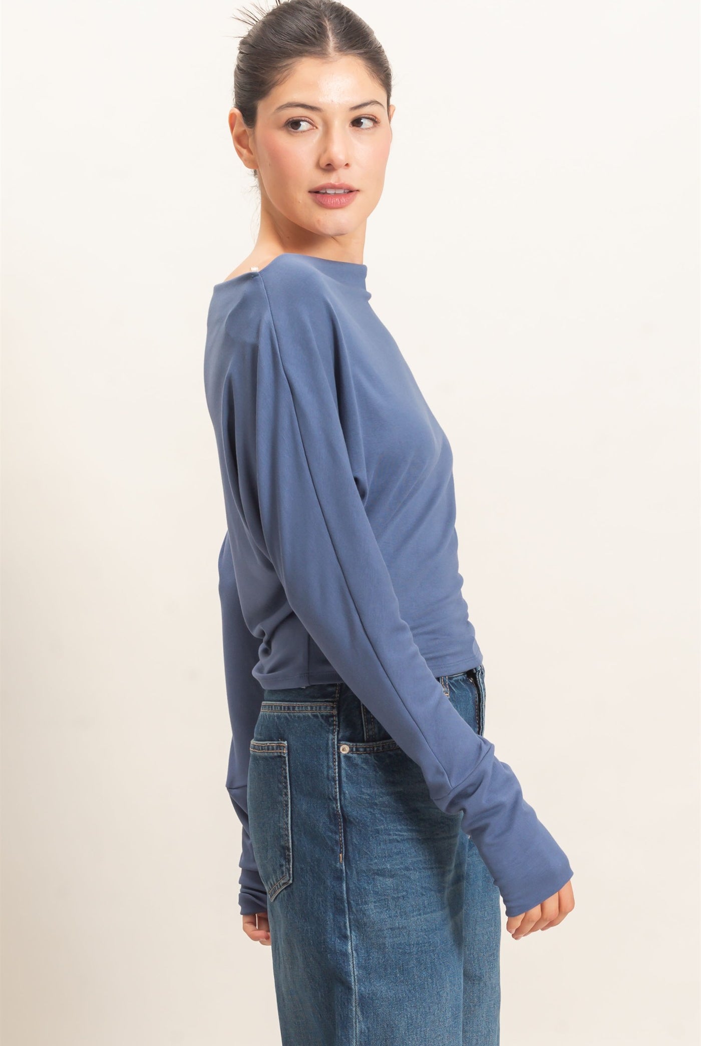 Wholesale Wide Boat Neck Dolman Sleeve Top Shirts HF26C883 STEEL BLUE HYFVE
