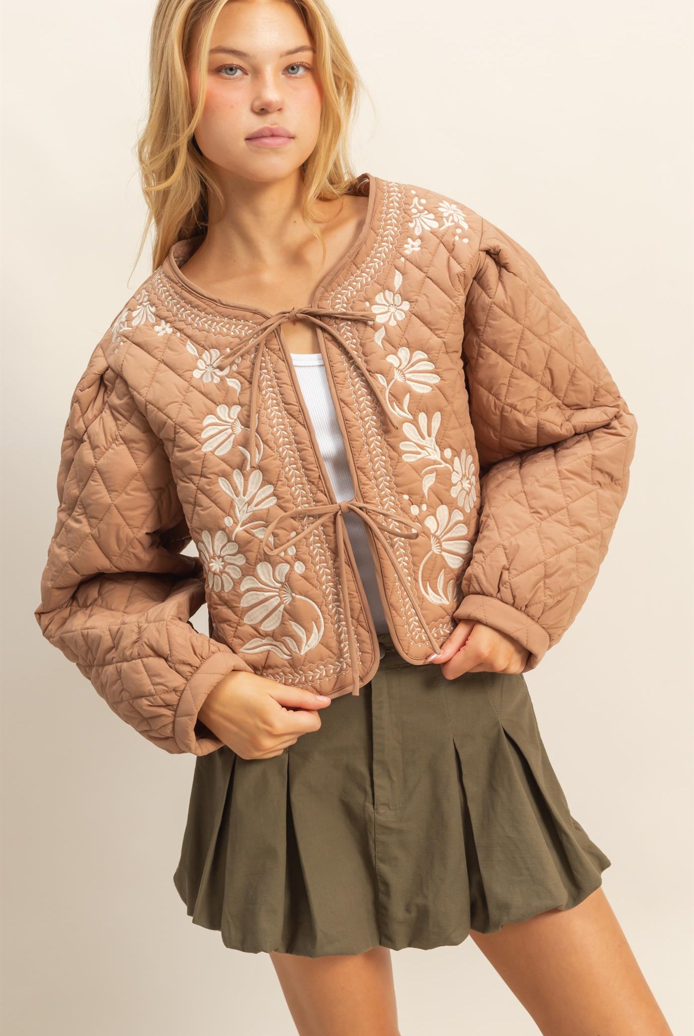 Wholesale Quilted Floral Embroidered Padding Jacket Coats & Jackets HF26A084 BROWN HYFVE