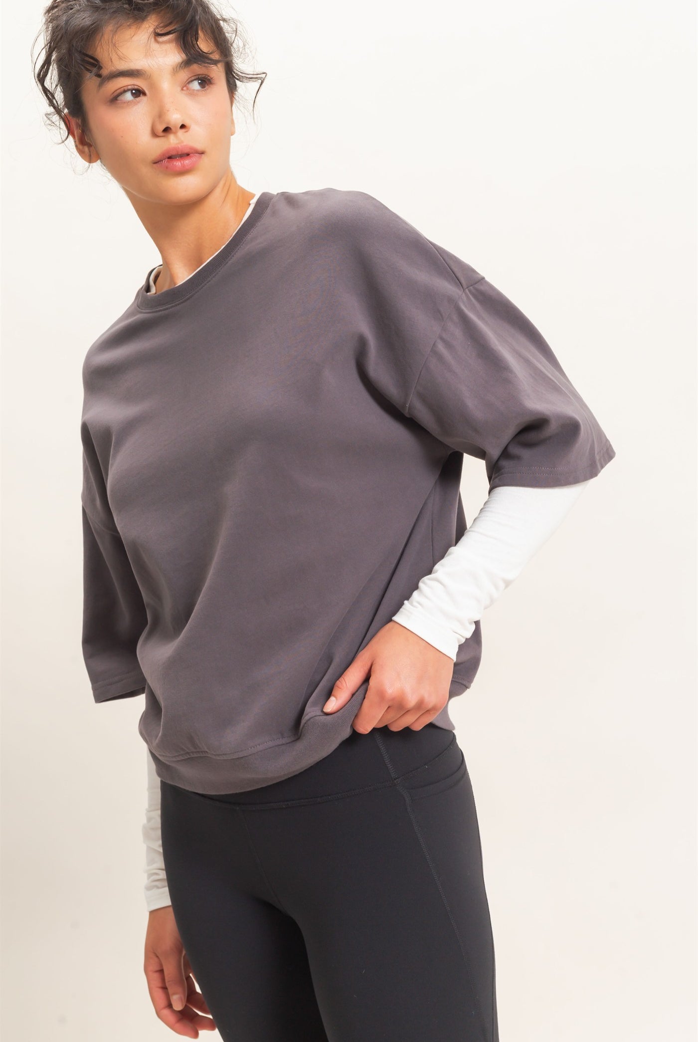 Wholesale Washed Crew Neck Short Sleeve Top Clothing Tops DZ26E381 CHARCOAL DOUBLE ZERO