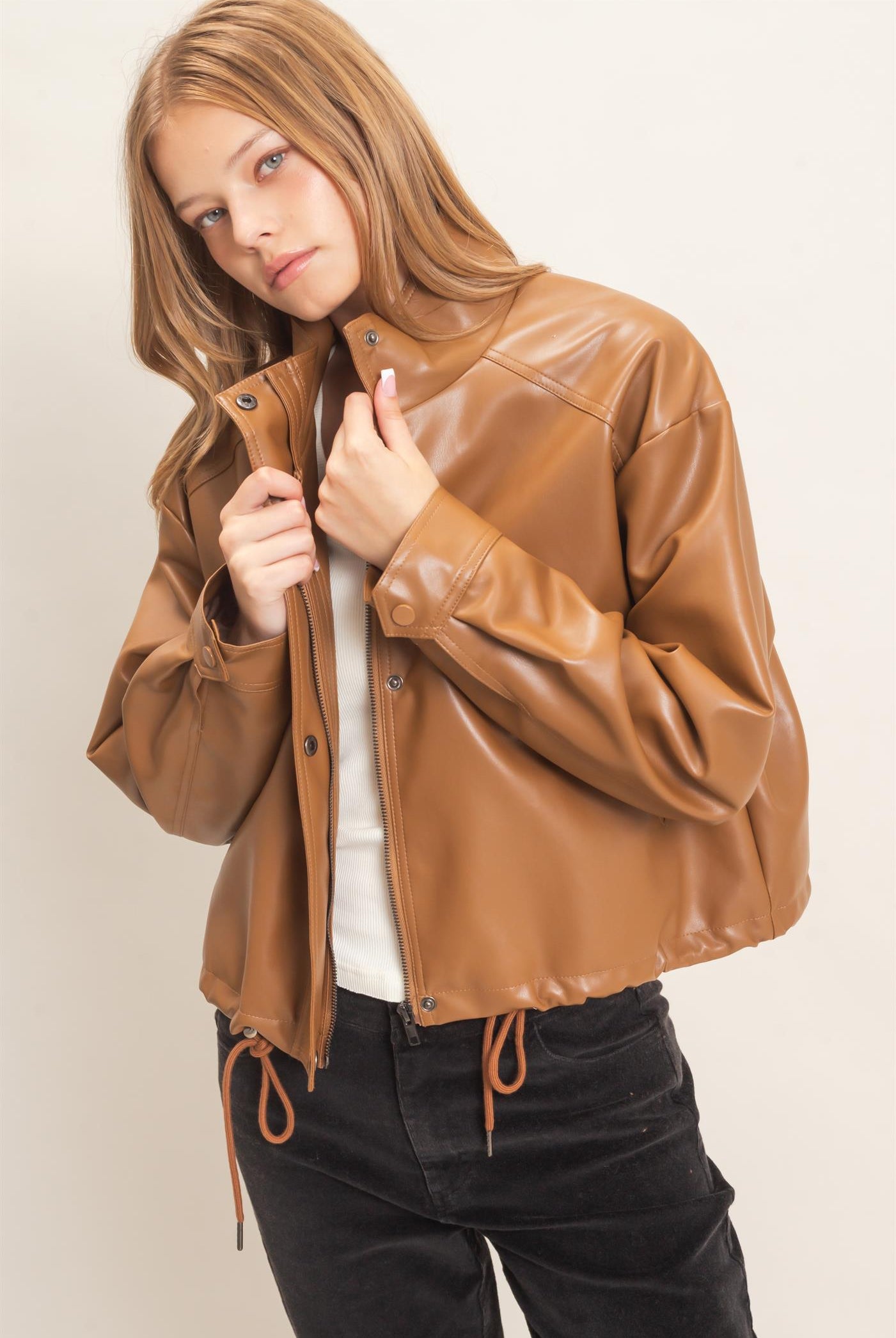 Wholesale Faux Leather Jacket With Stand Collar Bomber Jackets HF25F452 BROWN HYFVE