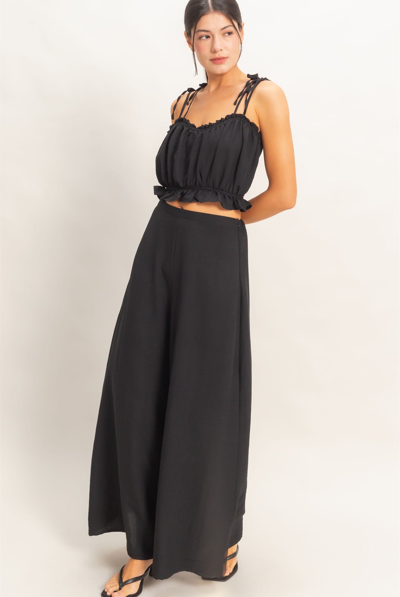 Wholesale Ruffle Smocked Bust Top & Wide Pants Clothing HF26A502-SET-D BLACK HYFVE