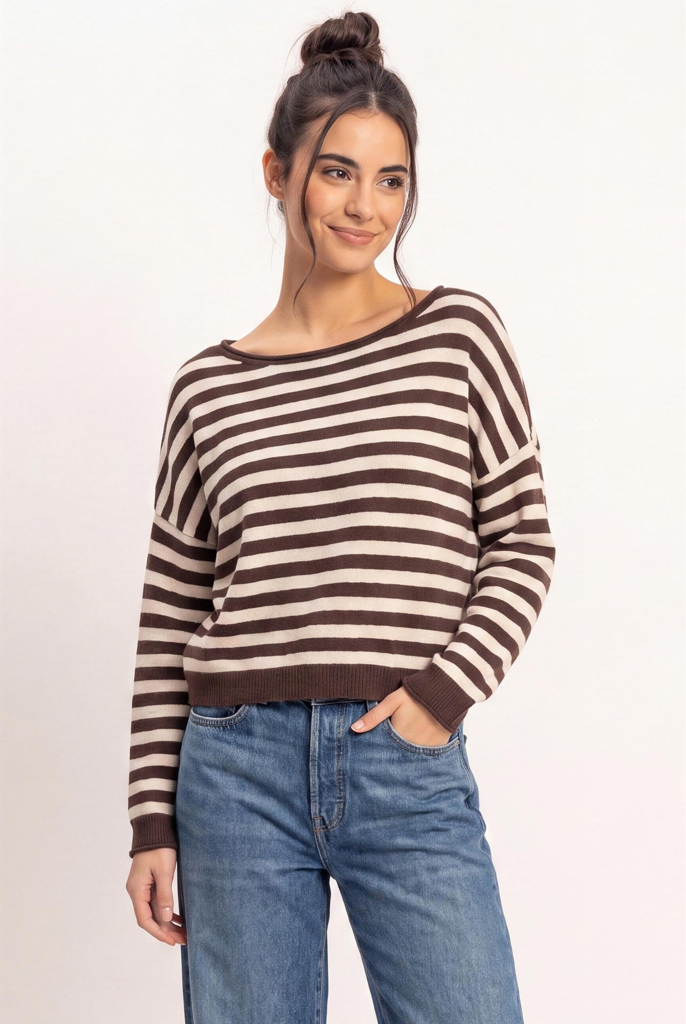 Wholesale Off The Shoulder Striped Sweater Sweaters DZ26E653 DARK BROWN DOUBLE ZERO