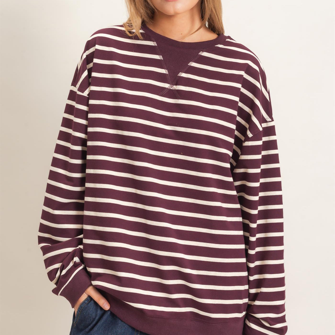 Wholesale Striped Long Sleeve Pullover Sweatshirts HF26F077 RASPBERRY/ECRU HYFVE