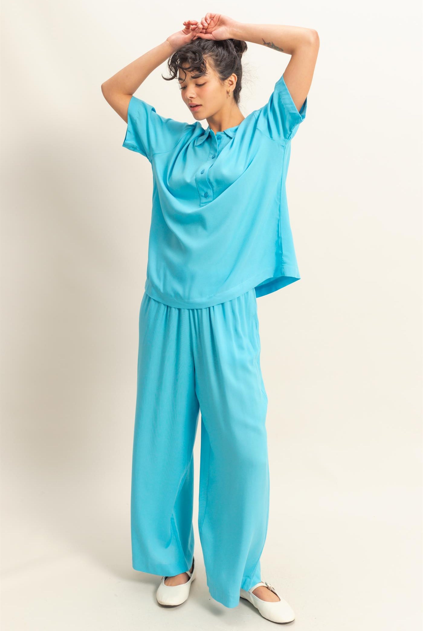 Wholesale High Waist Woven Wide Leg Pants Pants DZ25C192 AQUA BLUE DOUBLE ZERO
