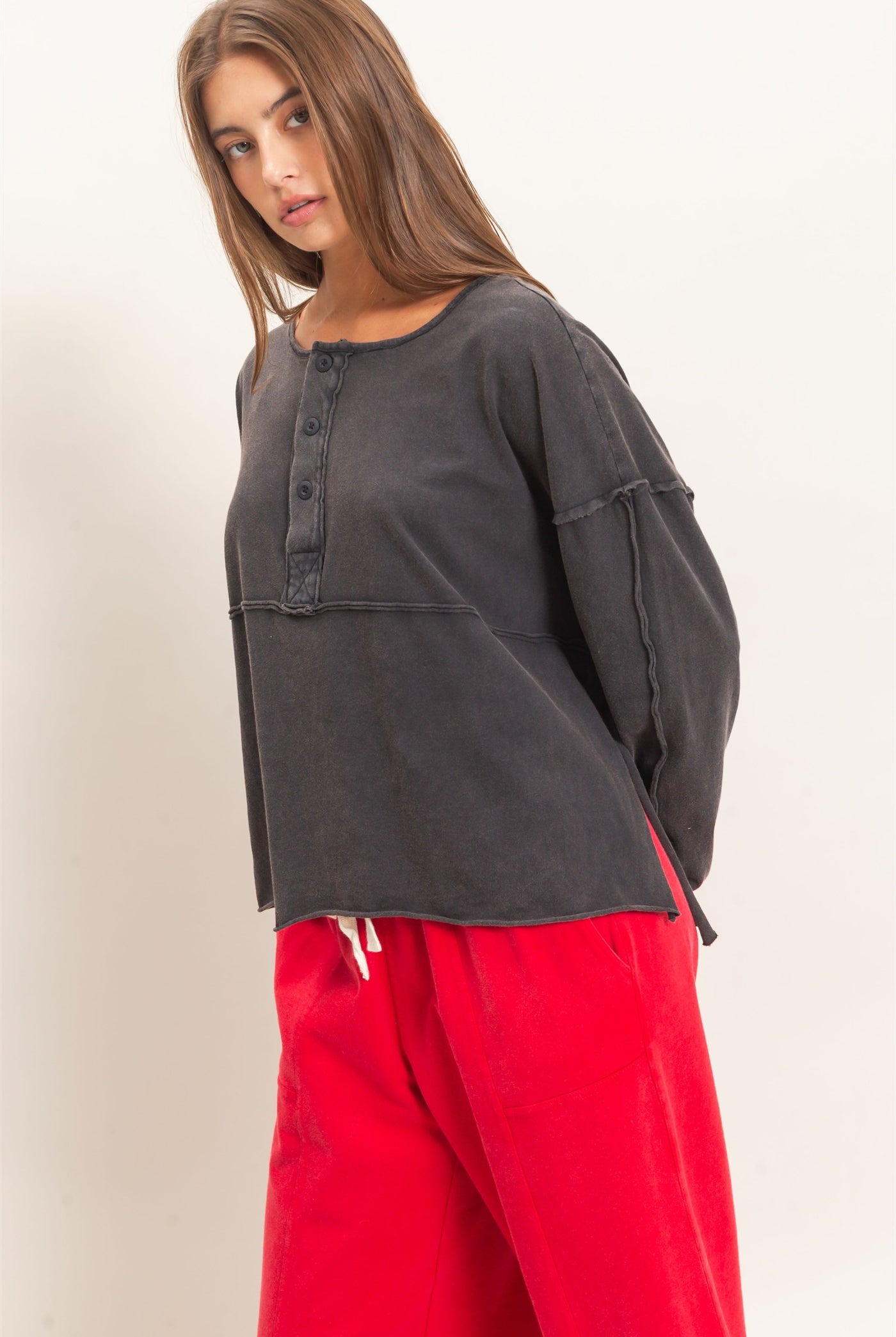 Wholesale Oversized Henley Top With Raw Edges Clothing Tops DZ26F128 BLACK DOUBLE ZERO
