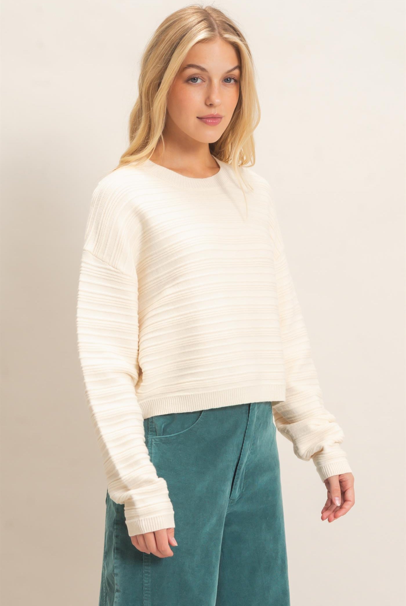 Wholesale Textured Crew Neck Sweater Sweaters HF26F196 CREAM HYFVE